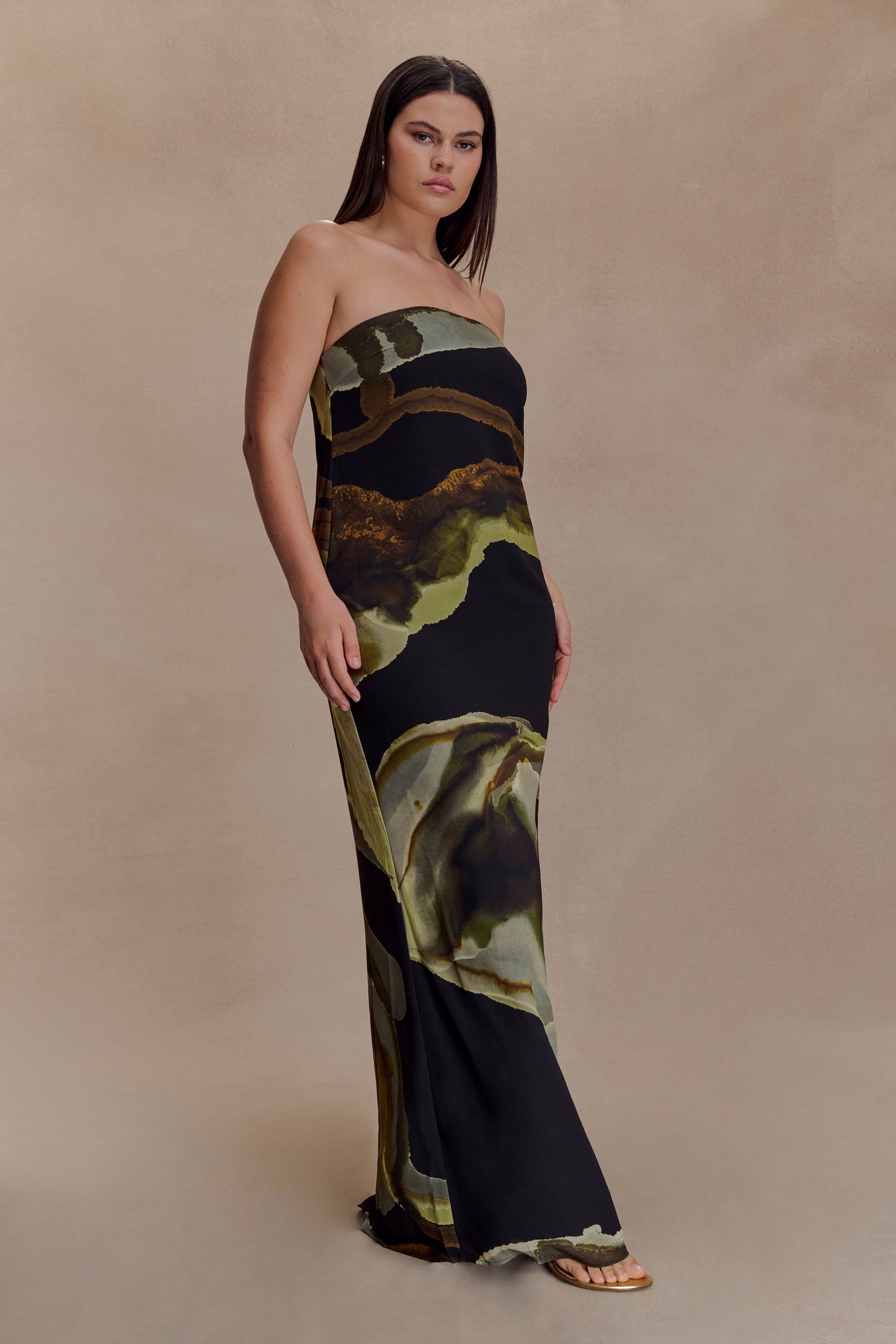 Amaya Strapless Chiffon Maxi Dress Green Fluid Reverie Print 4