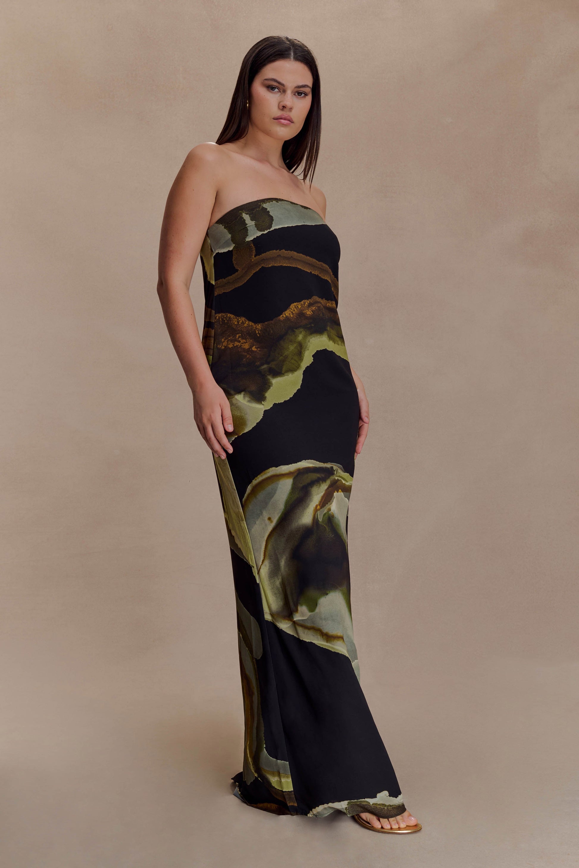 Amaya Strapless Chiffon Maxi Dress Green Fluid Reverie Print 4