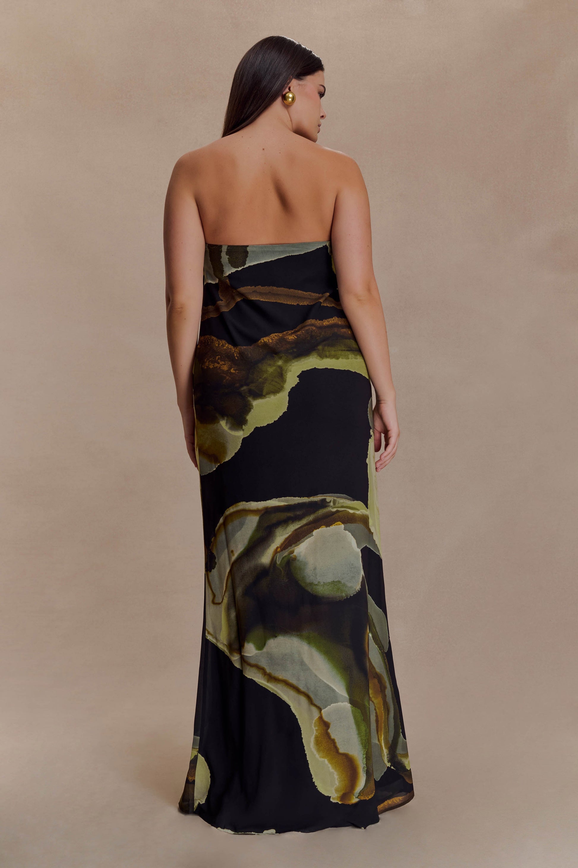 Amaya Strapless Chiffon Maxi Dress Green Fluid Reverie Print 5