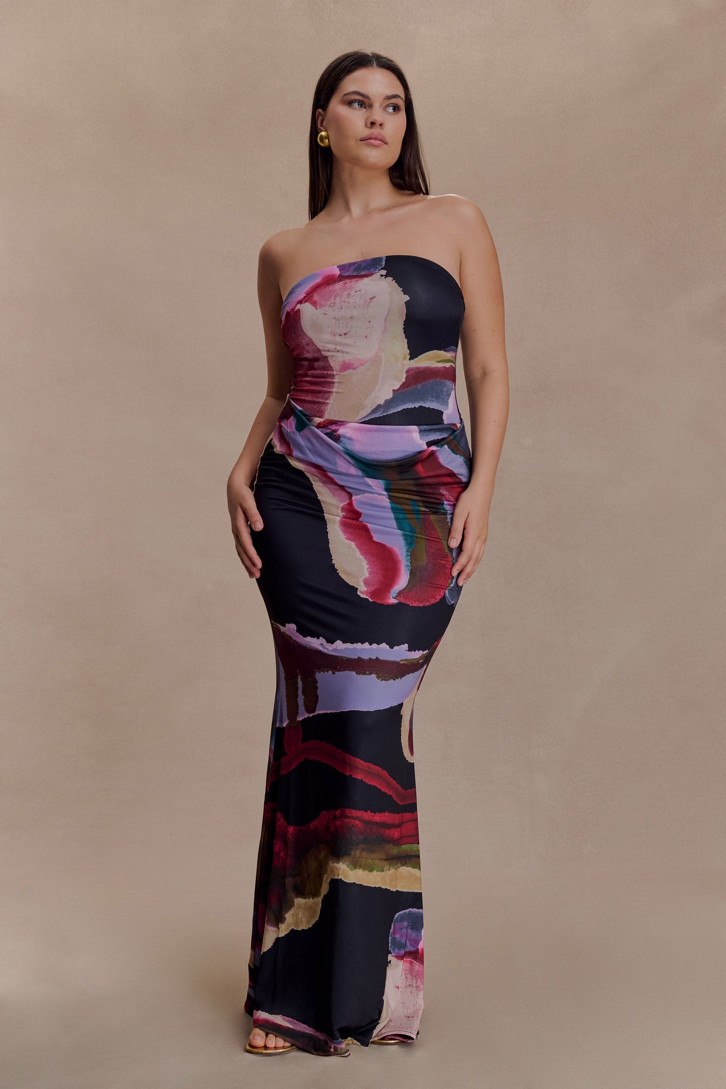 Madison Slinky Strapless Maxi Dress in Chocolate Multi Fluid Reverie Print 9
