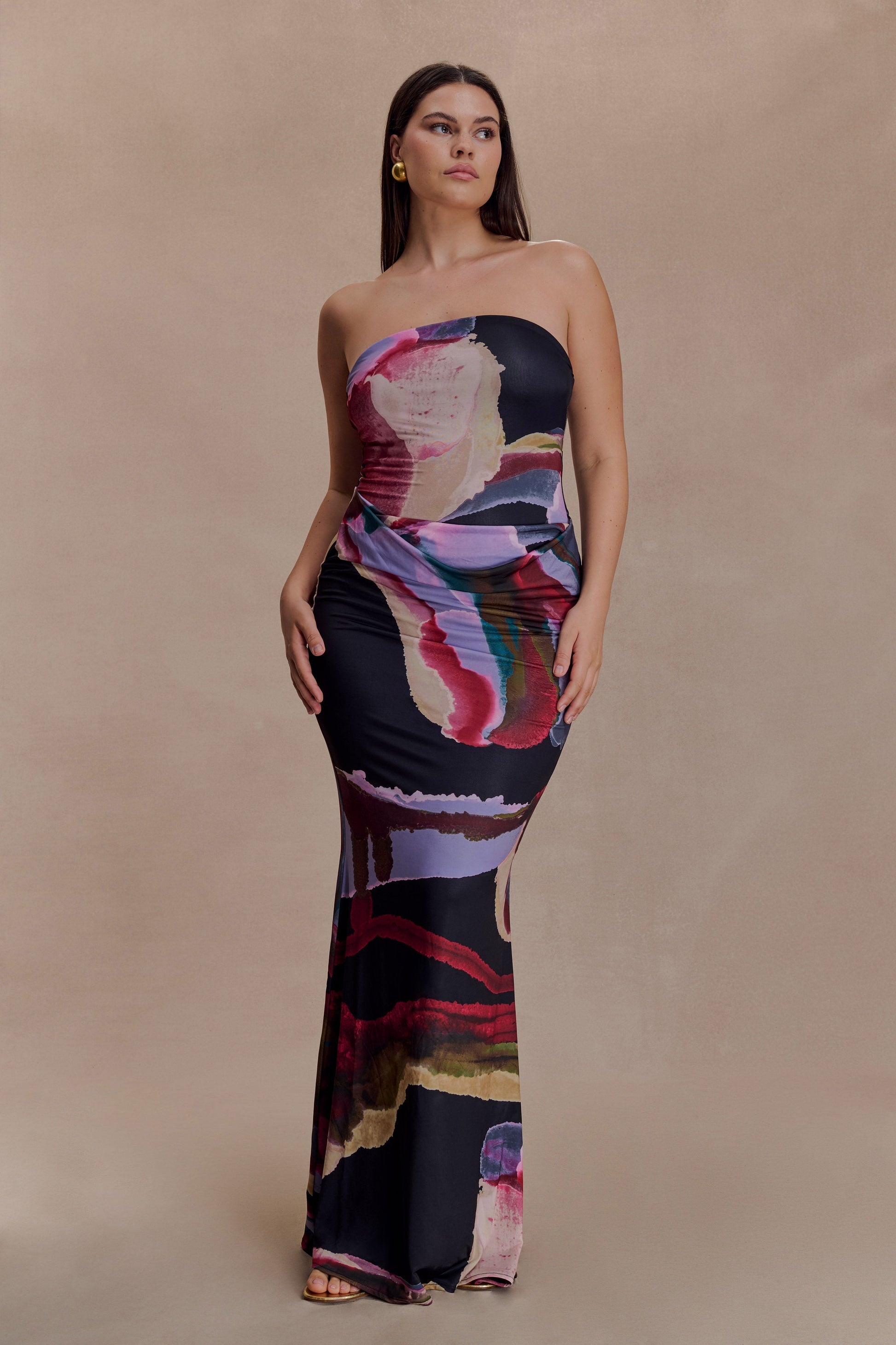 Madison Slinky Strapless Maxi Dress in Chocolate Multi Fluid Reverie Print 9