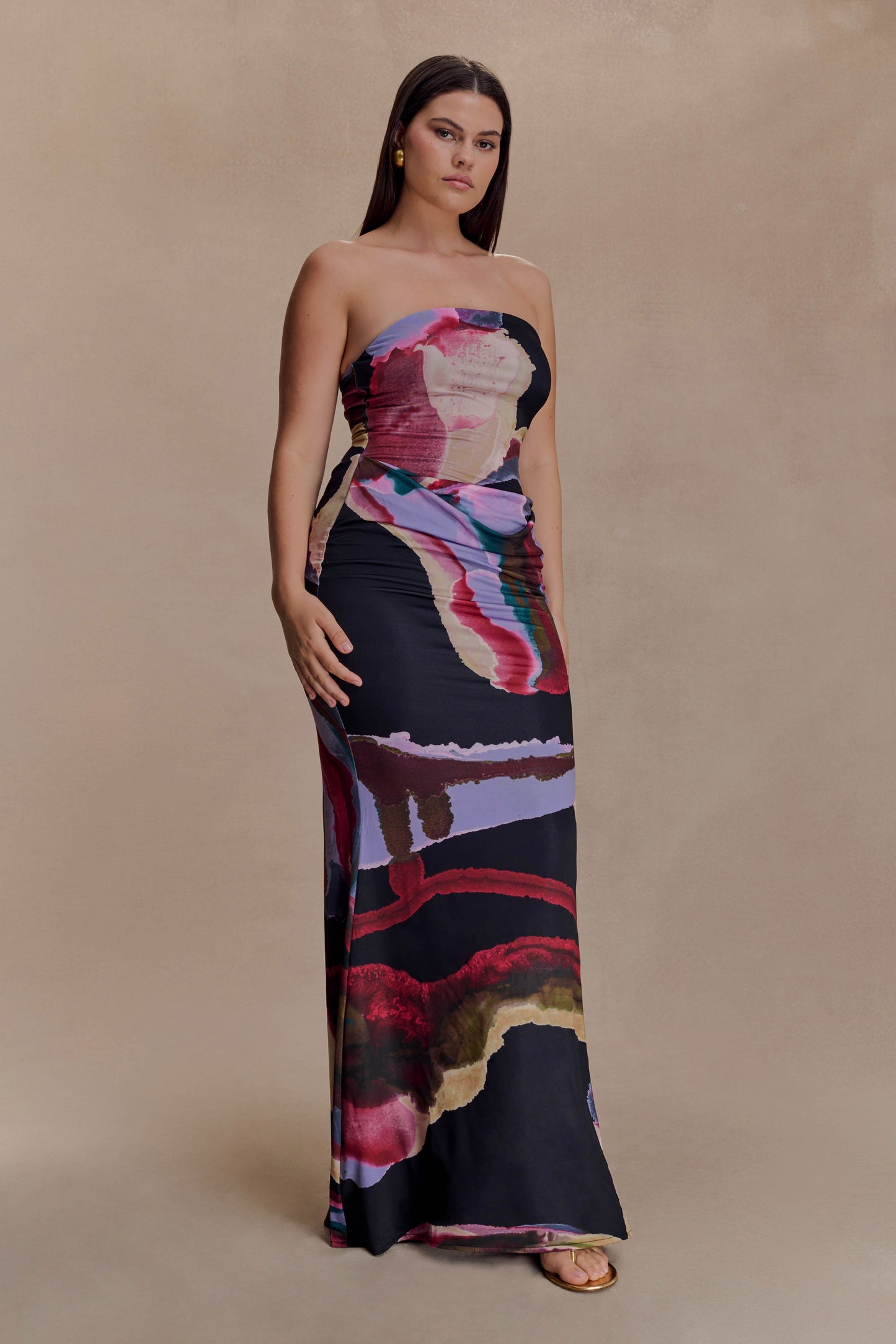 Madison Slinky Strapless Maxi Dress in Chocolate Multi Fluid Reverie Print 7