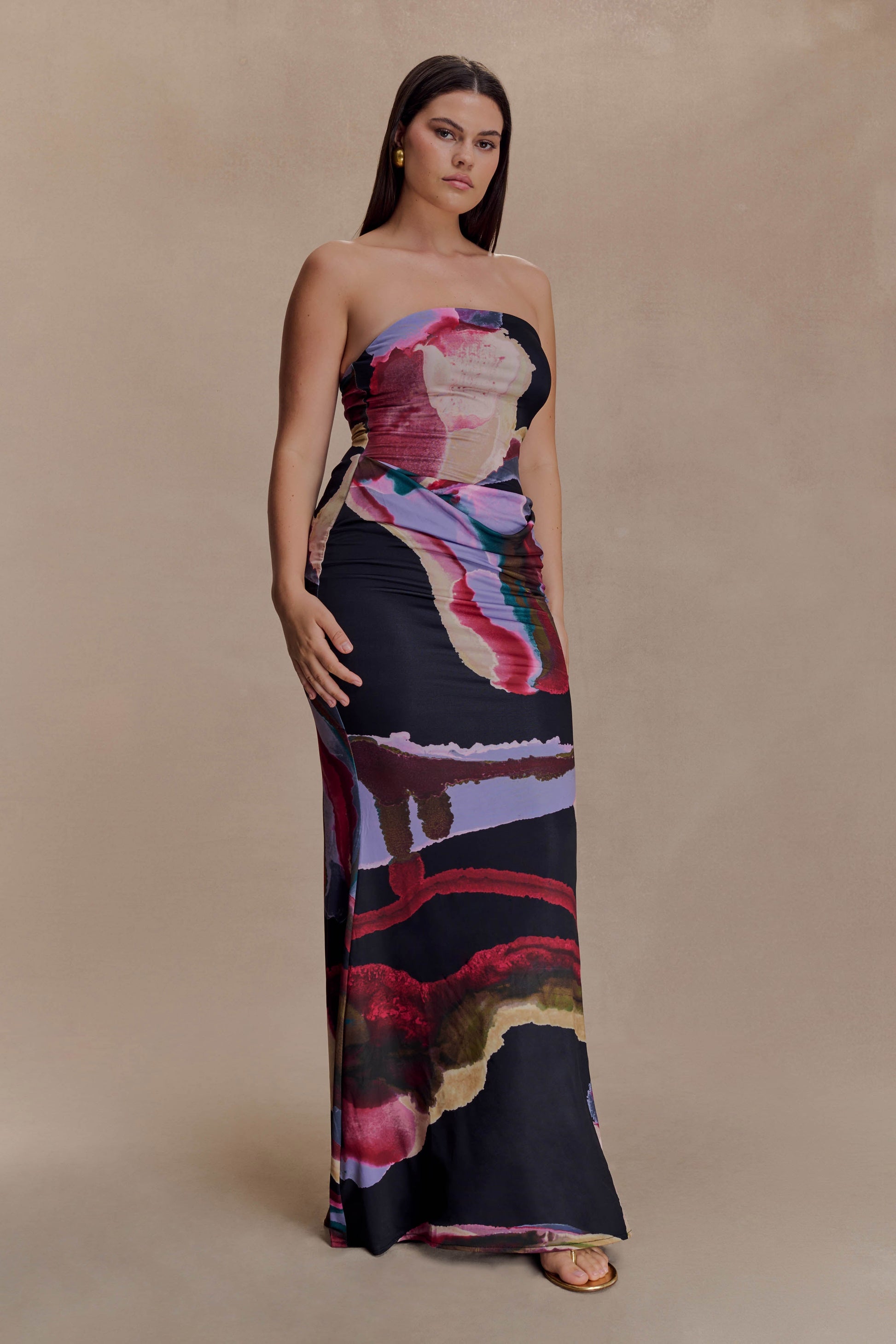 Madison Slinky Strapless Maxi Dress in Chocolate Multi Fluid Reverie Print 7