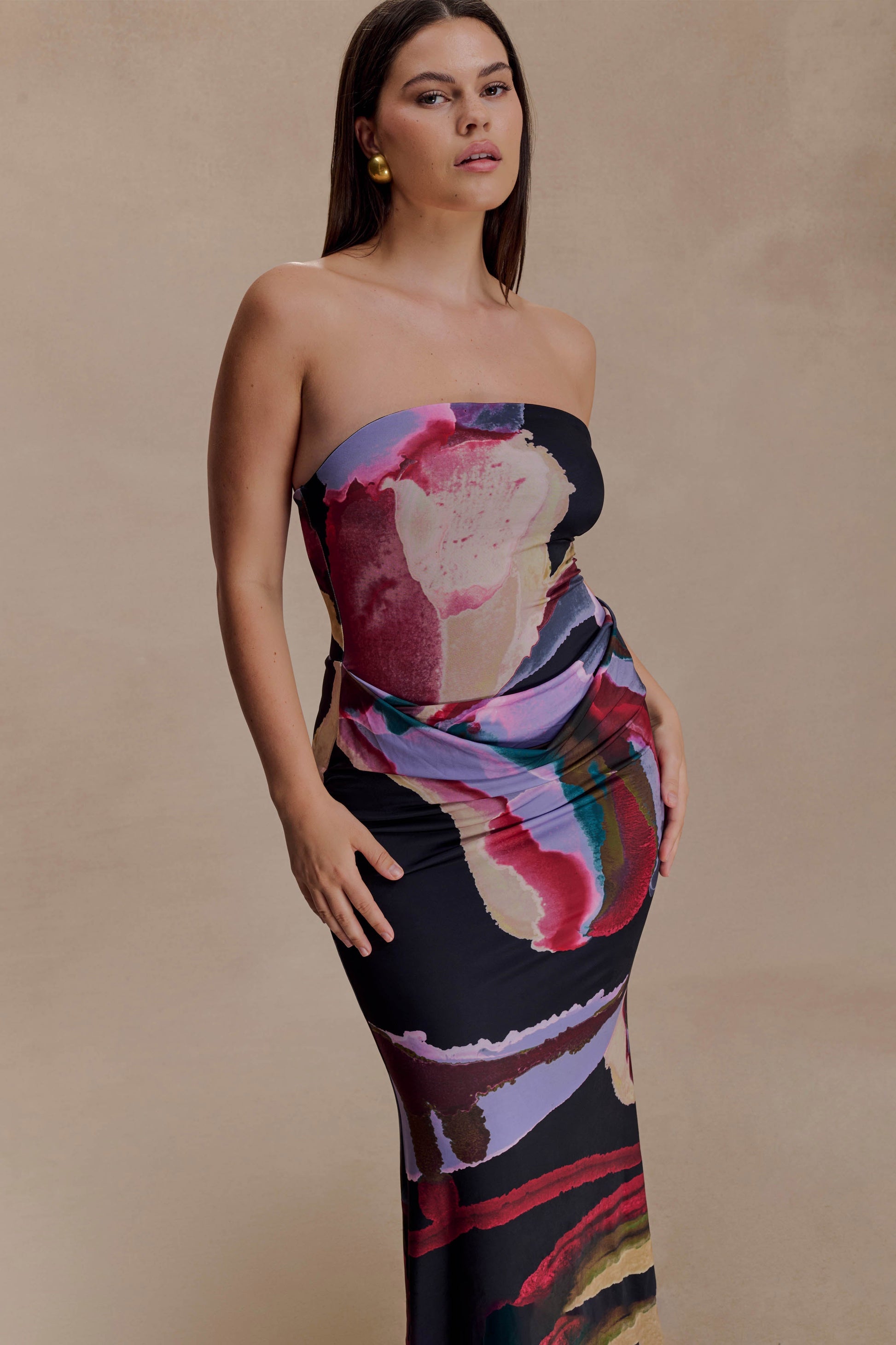 Madison Slinky Strapless Maxi Dress in Chocolate Multi Fluid Reverie Print 8