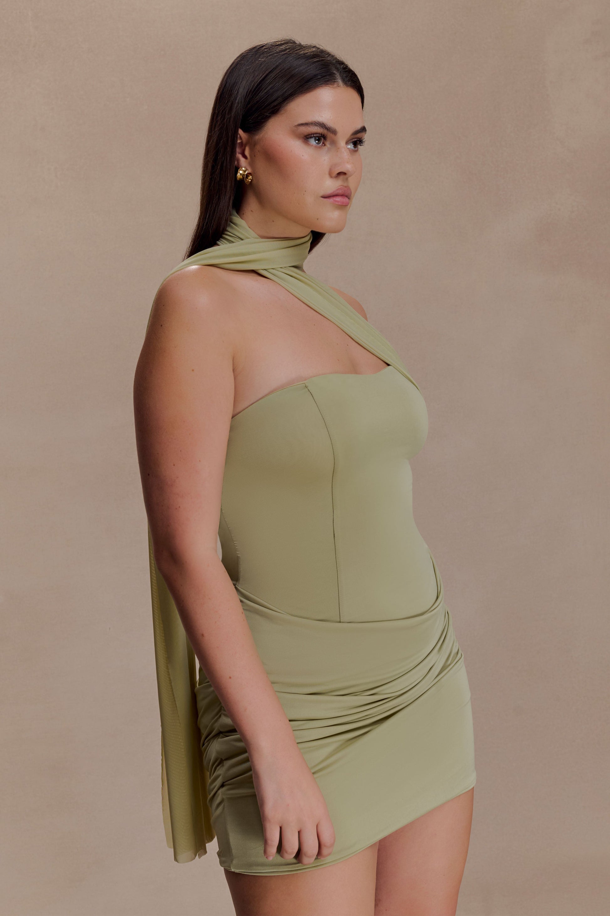 Mattea Slinky Mesh Mini Dress with Scarf Sage 4