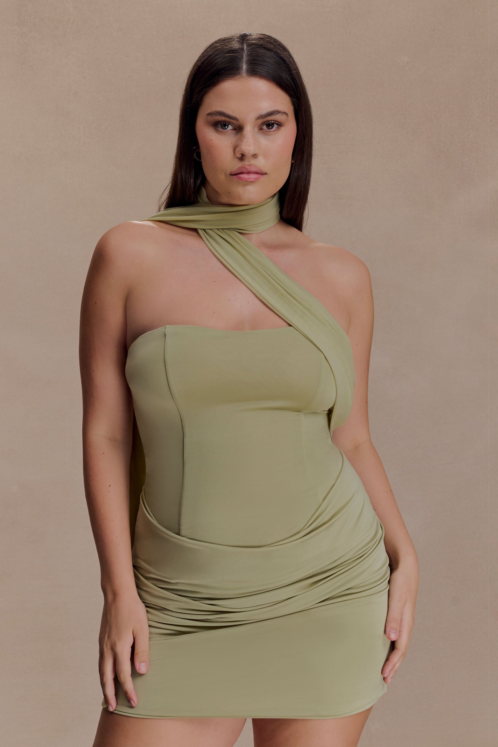 Mattea Slinky Mesh Mini Dress with Scarf Sage 5