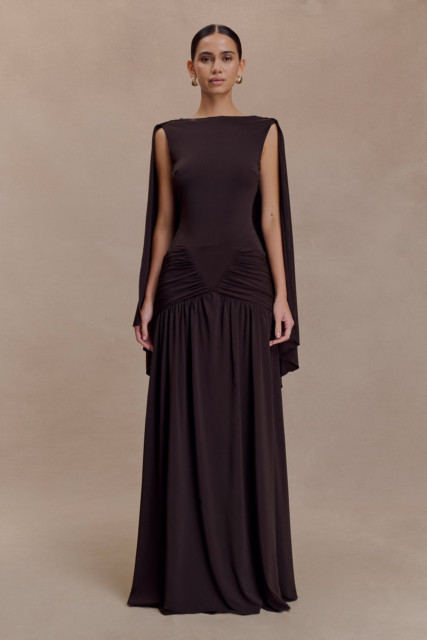 Emory Jersey Cape Maxi Dress in Navy Chocolate 1