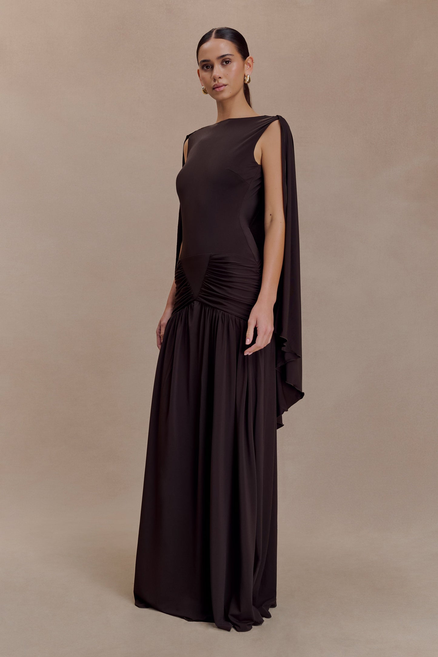 Emory Jersey Cape Maxi Dress in Navy Chocolate 4