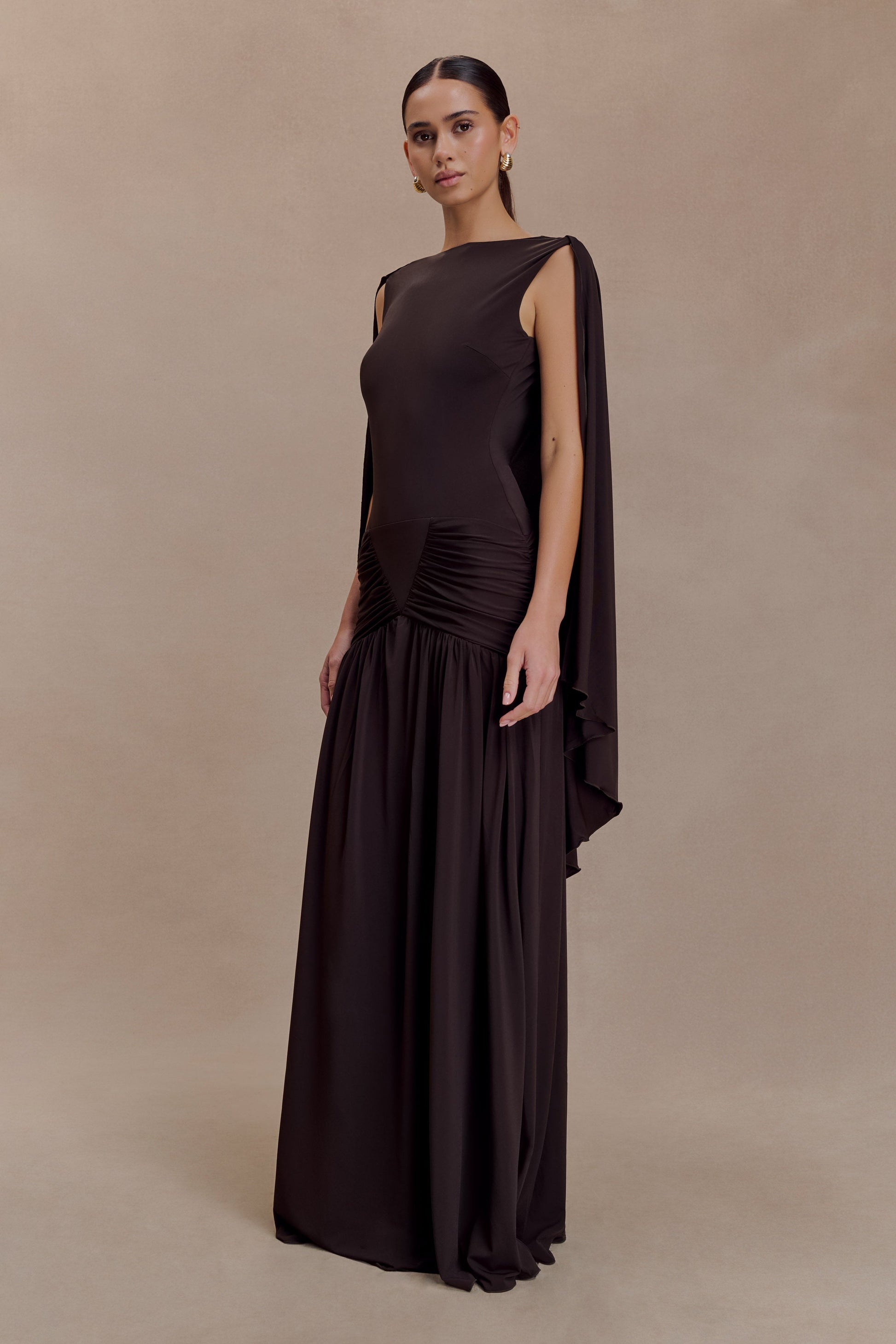 Emory Jersey Cape Maxi Dress in Navy Chocolate 4
