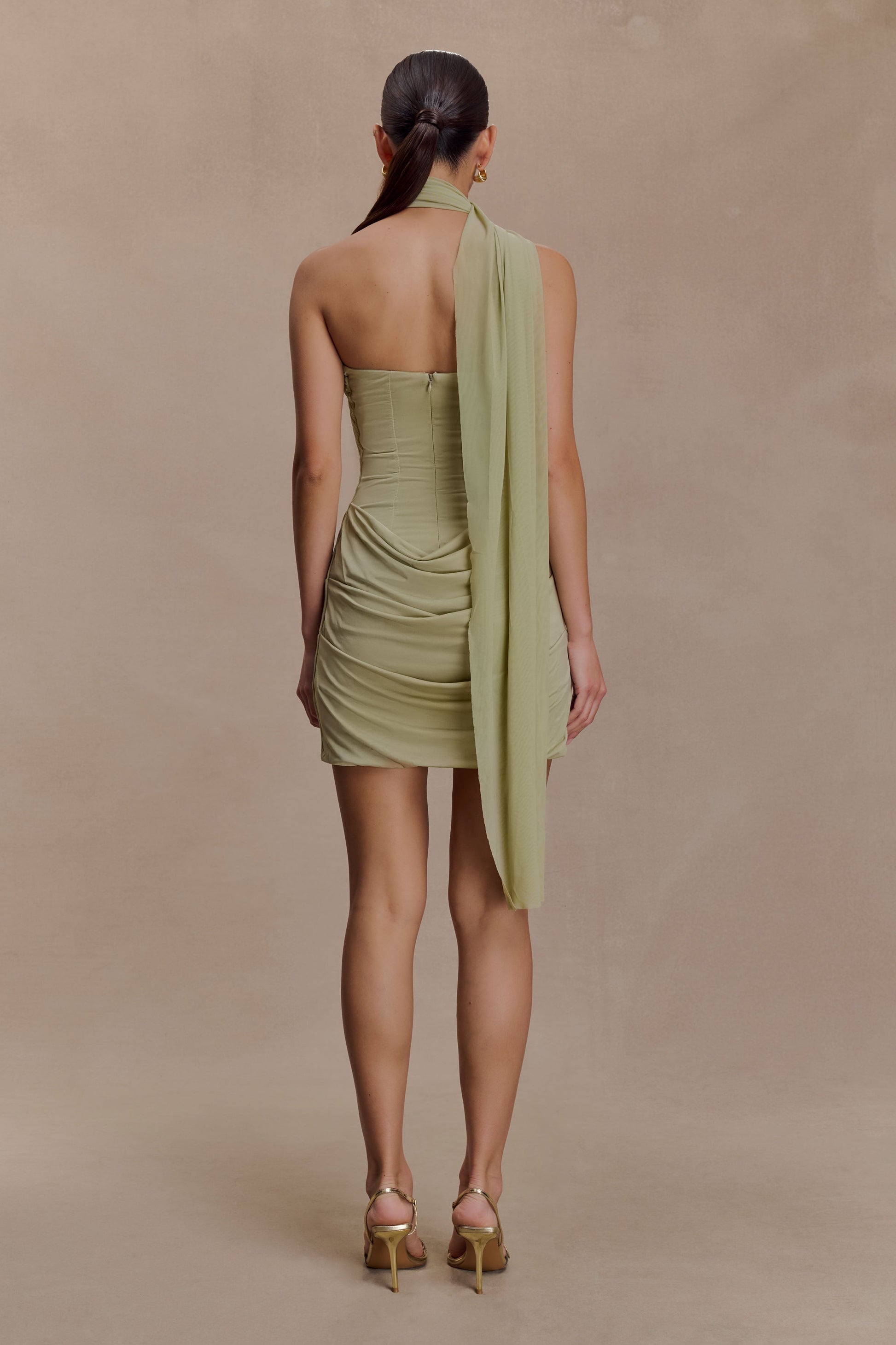 Mattea Slinky Mesh Mini Dress with Scarf Sage 2