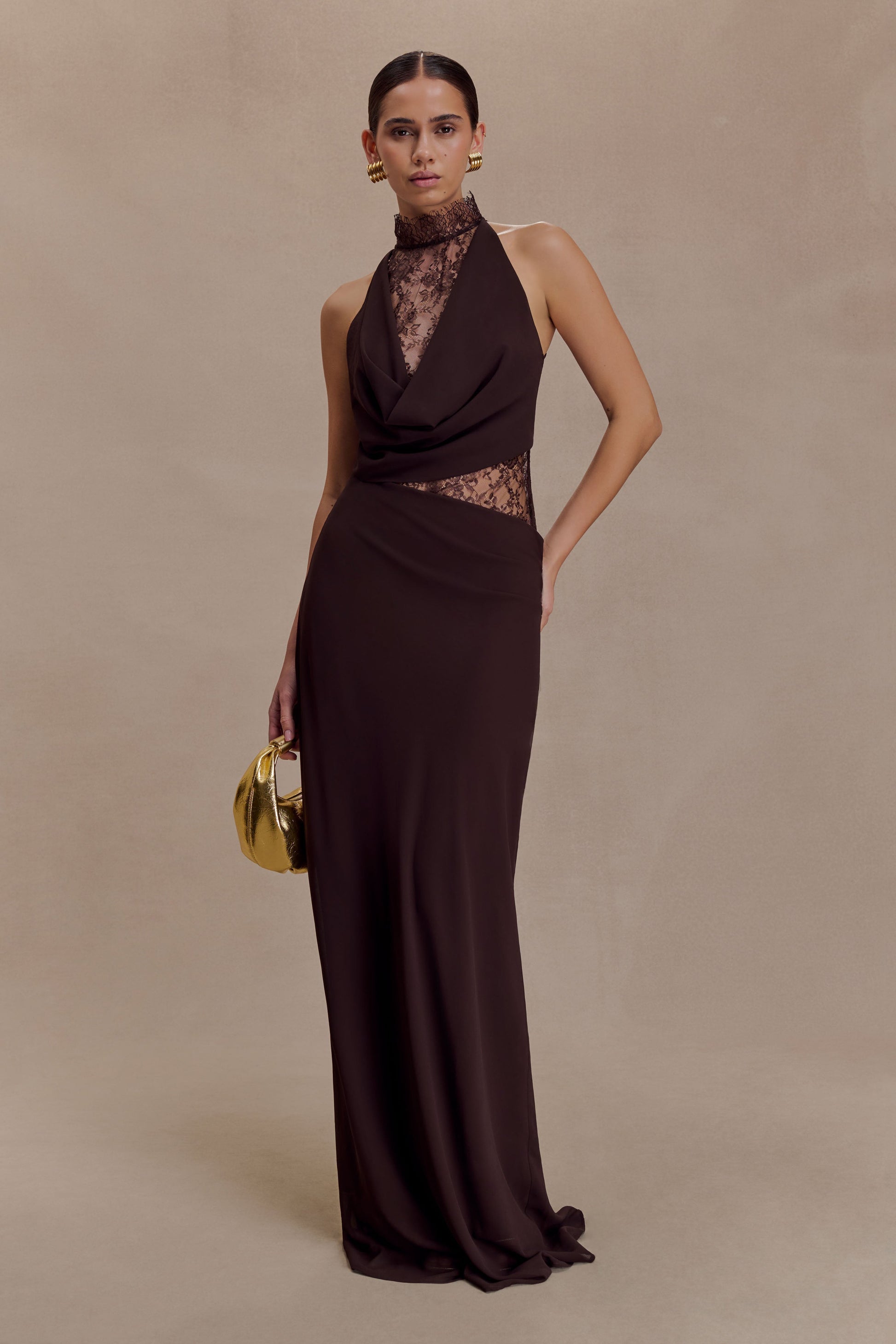 Arra Chiffon & Lace Halter Maxi Dress in Plum Cacao Brown 5