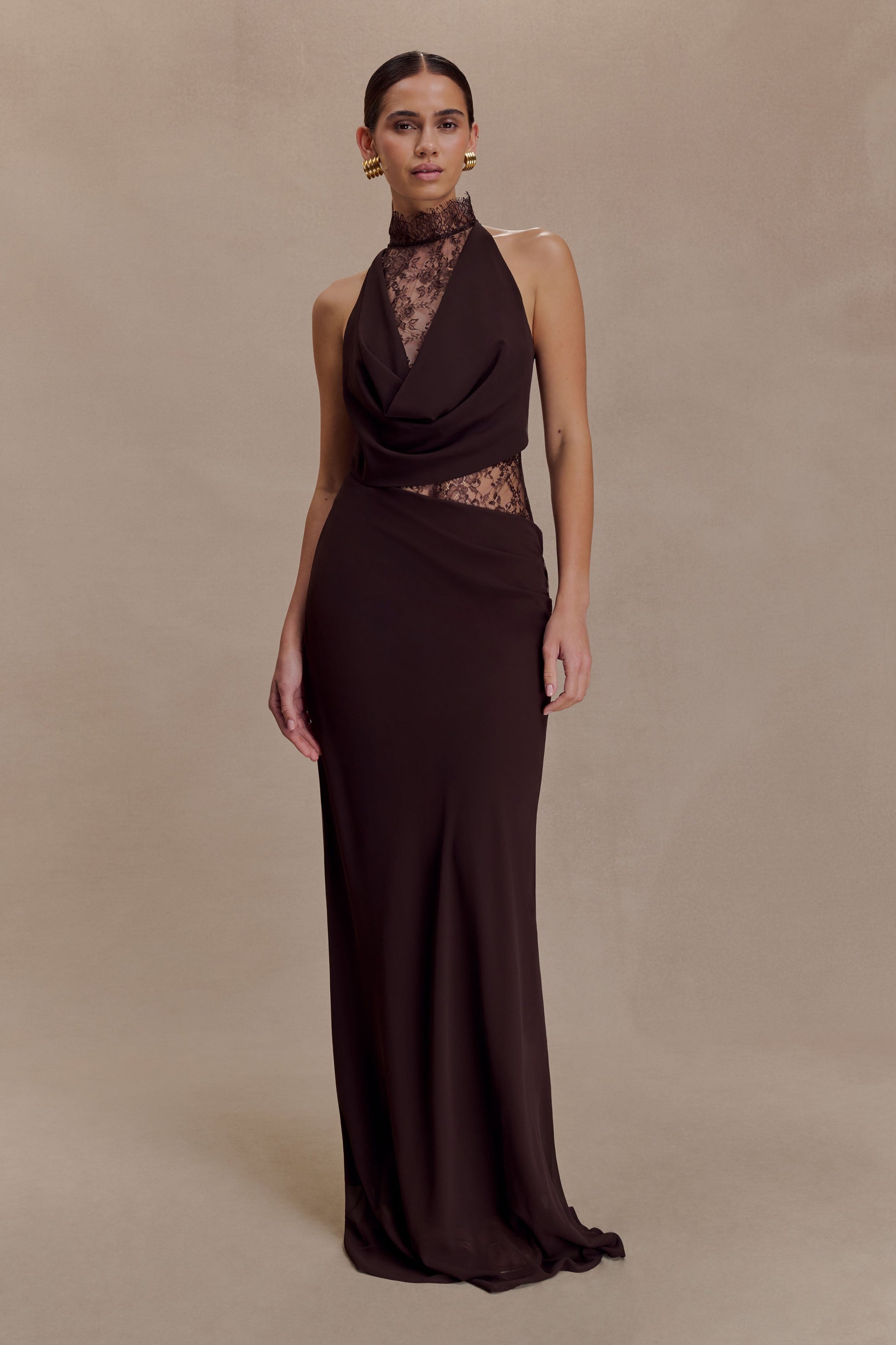 Arra Chiffon & Lace Halter Maxi Dress in Plum Cacao Brown 1