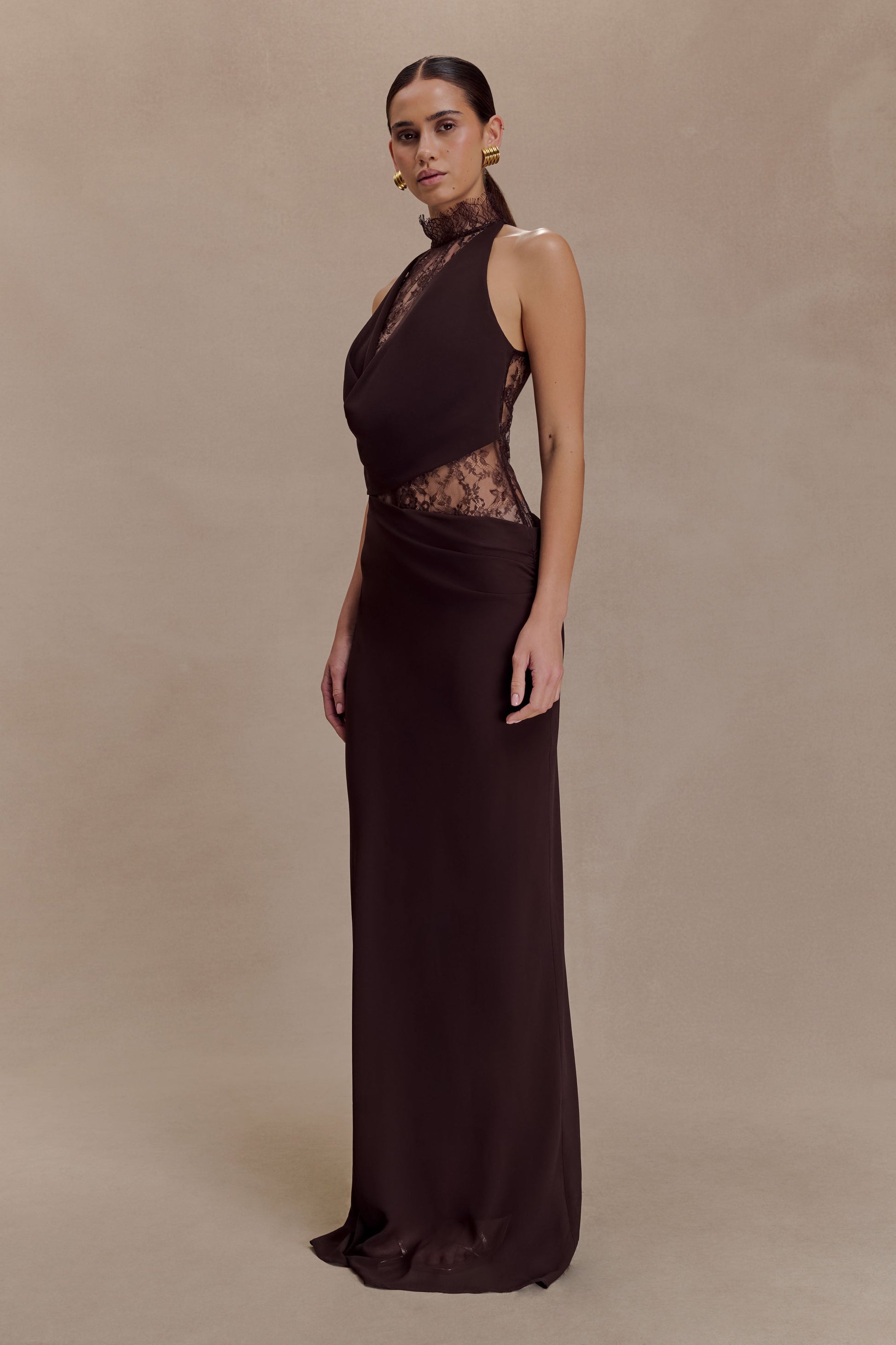 Arra Chiffon & Lace Halter Maxi Dress in Plum Cacao Brown 4