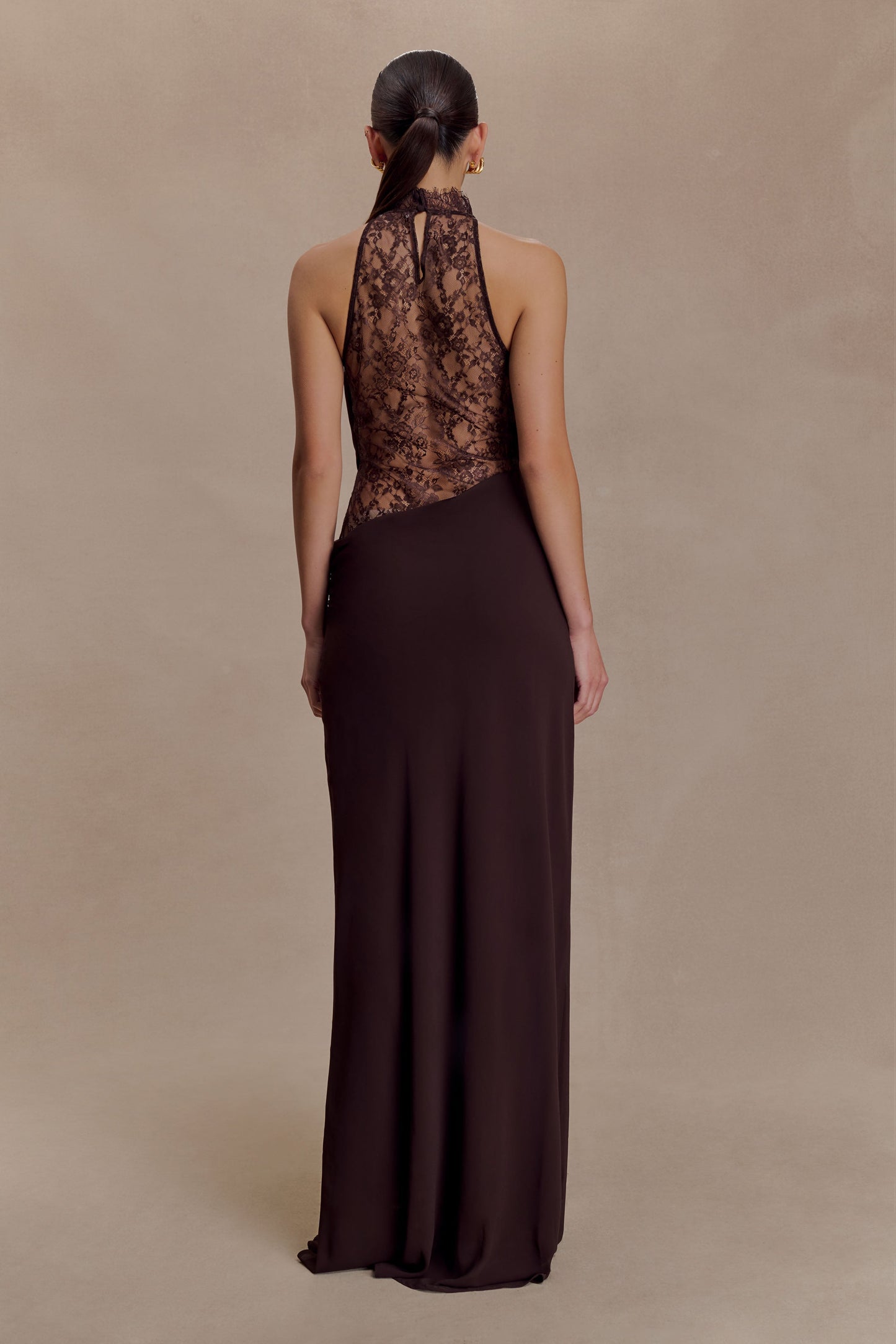 Arra Chiffon & Lace Halter Maxi Dress in Plum Cacao Brown 2