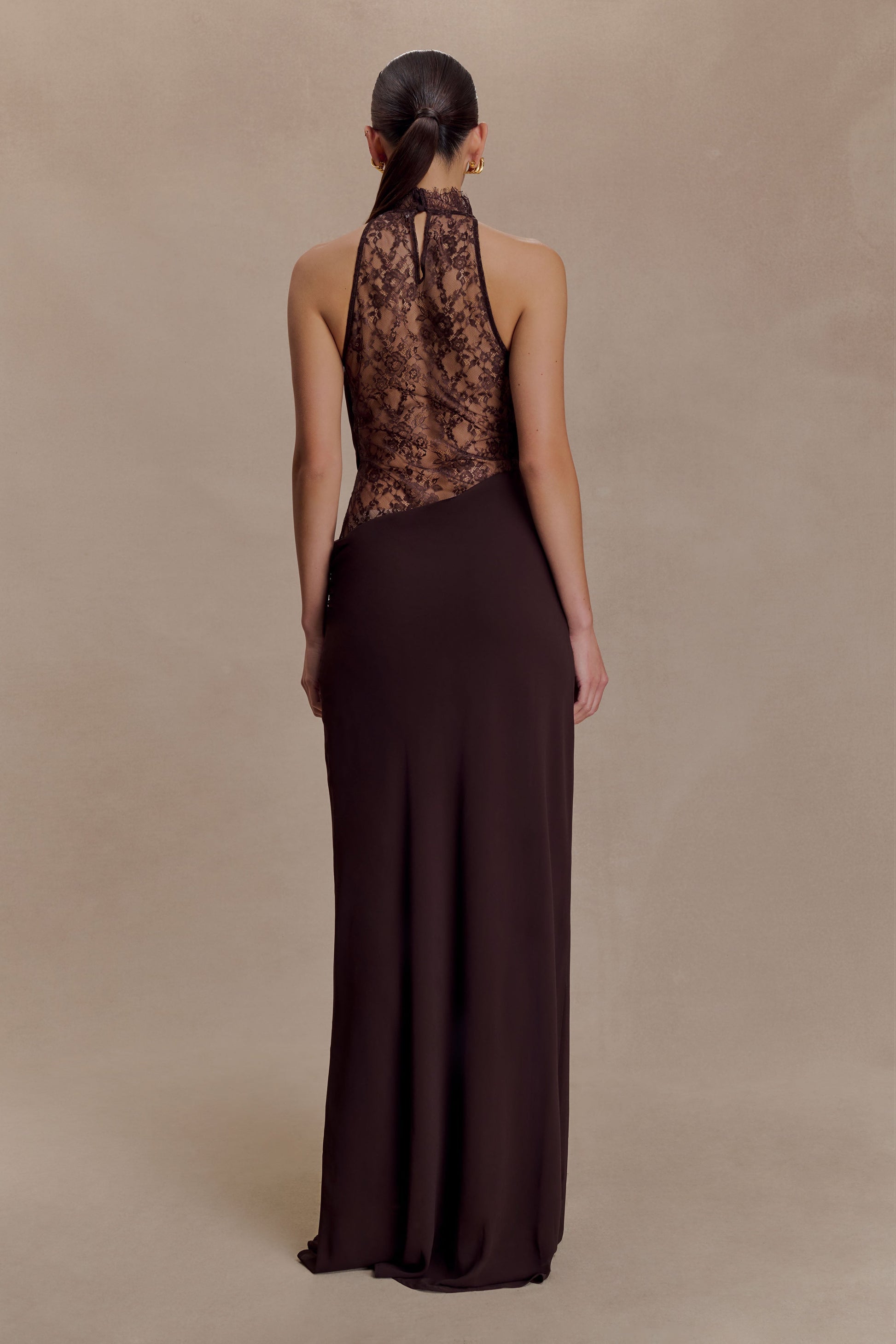 Arra Chiffon & Lace Halter Maxi Dress in Plum Cacao Brown 2
