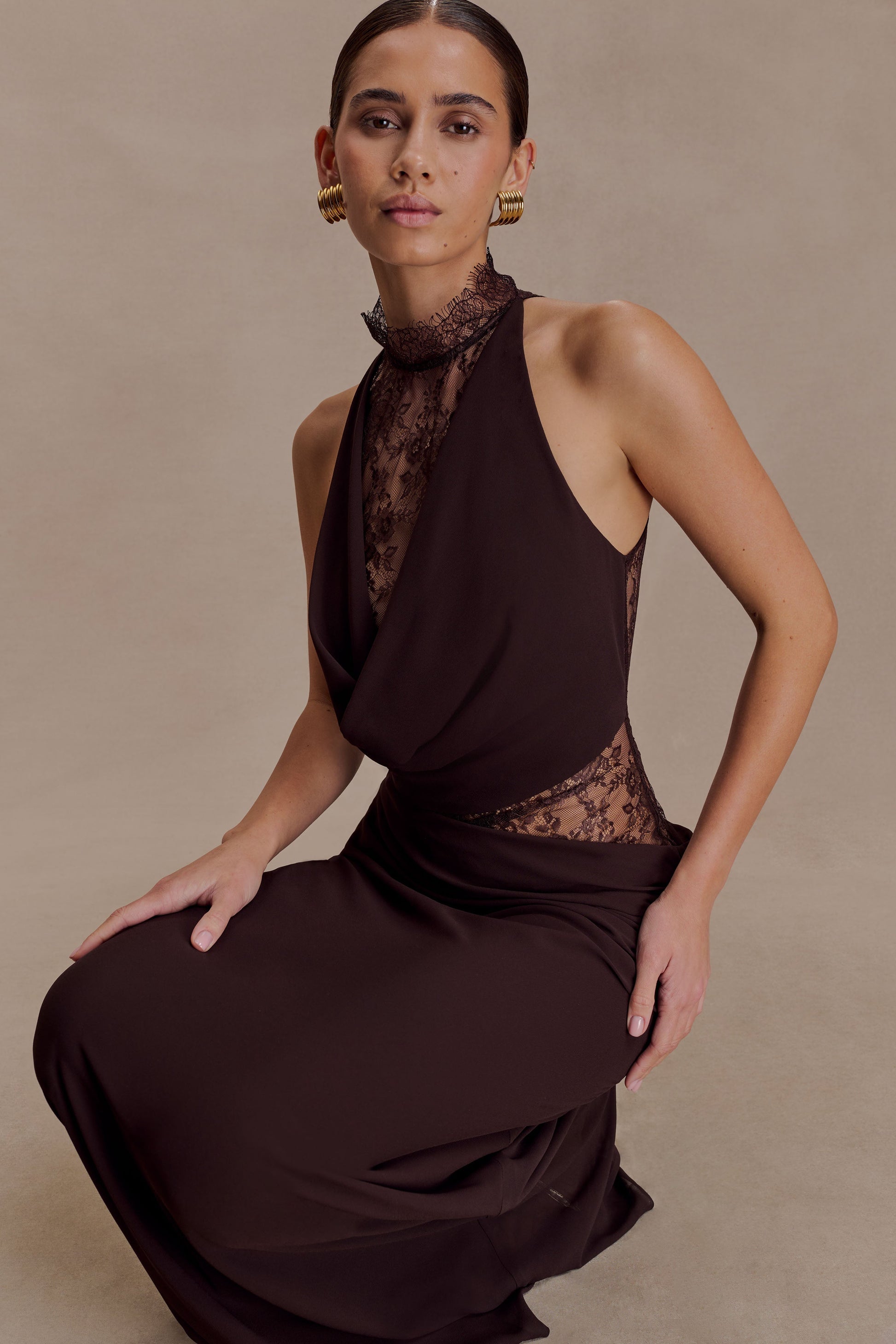 Arra Chiffon & Lace Halter Maxi Dress in Plum Cacao Brown 6