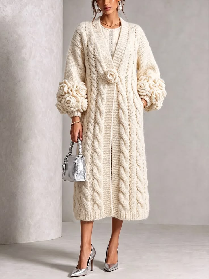 Margot Cable-Knit Cardigan in Cream Floral Cream 1