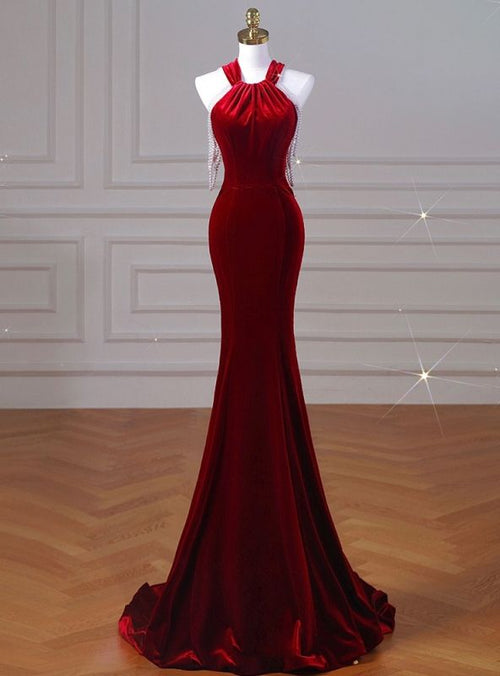 Margot Velvet Halter Mermaid Dress Burgundy 1