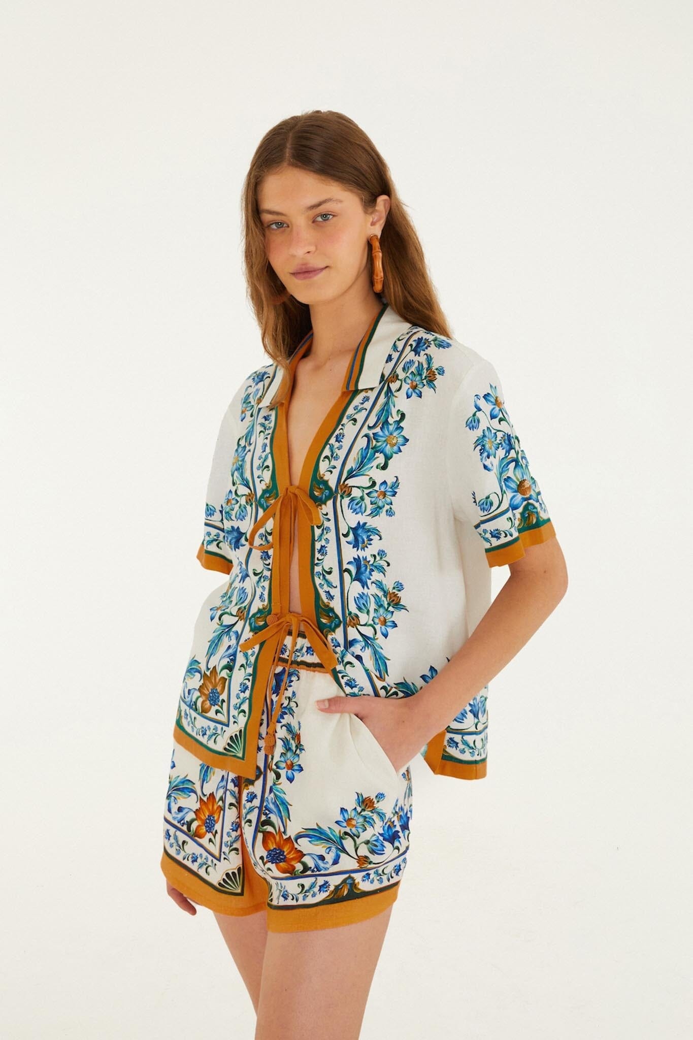 Isabelle Scallop Linen Maxi Dress White Flora Tile Shorts 1