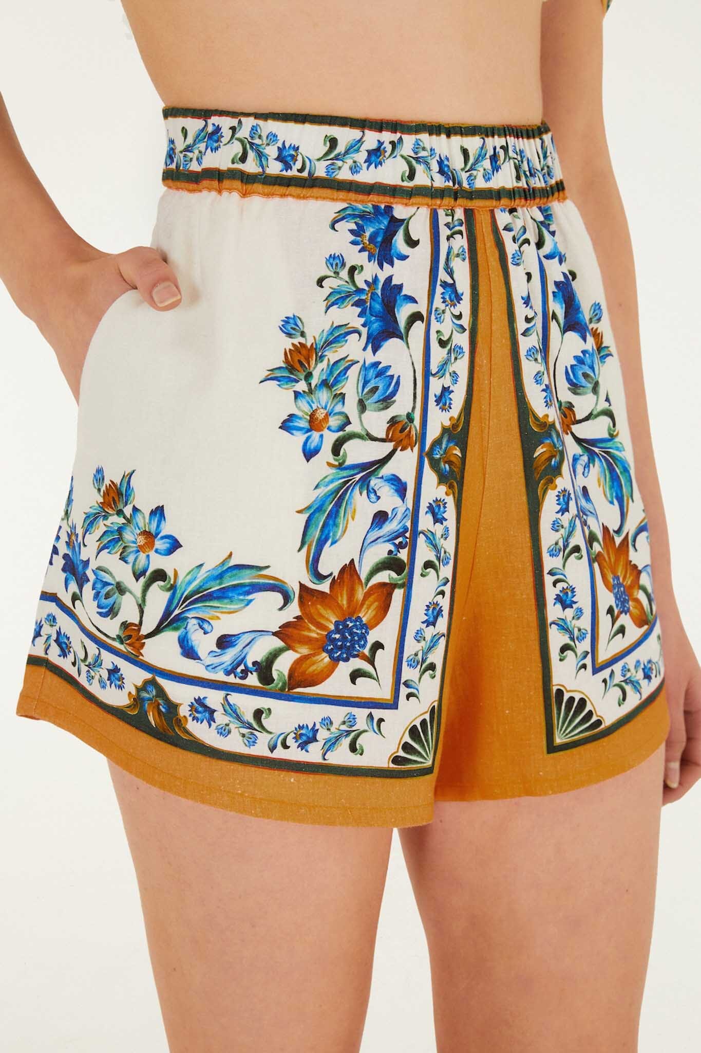 Isabelle Scallop Linen Maxi Dress White Flora Tile Shorts 2