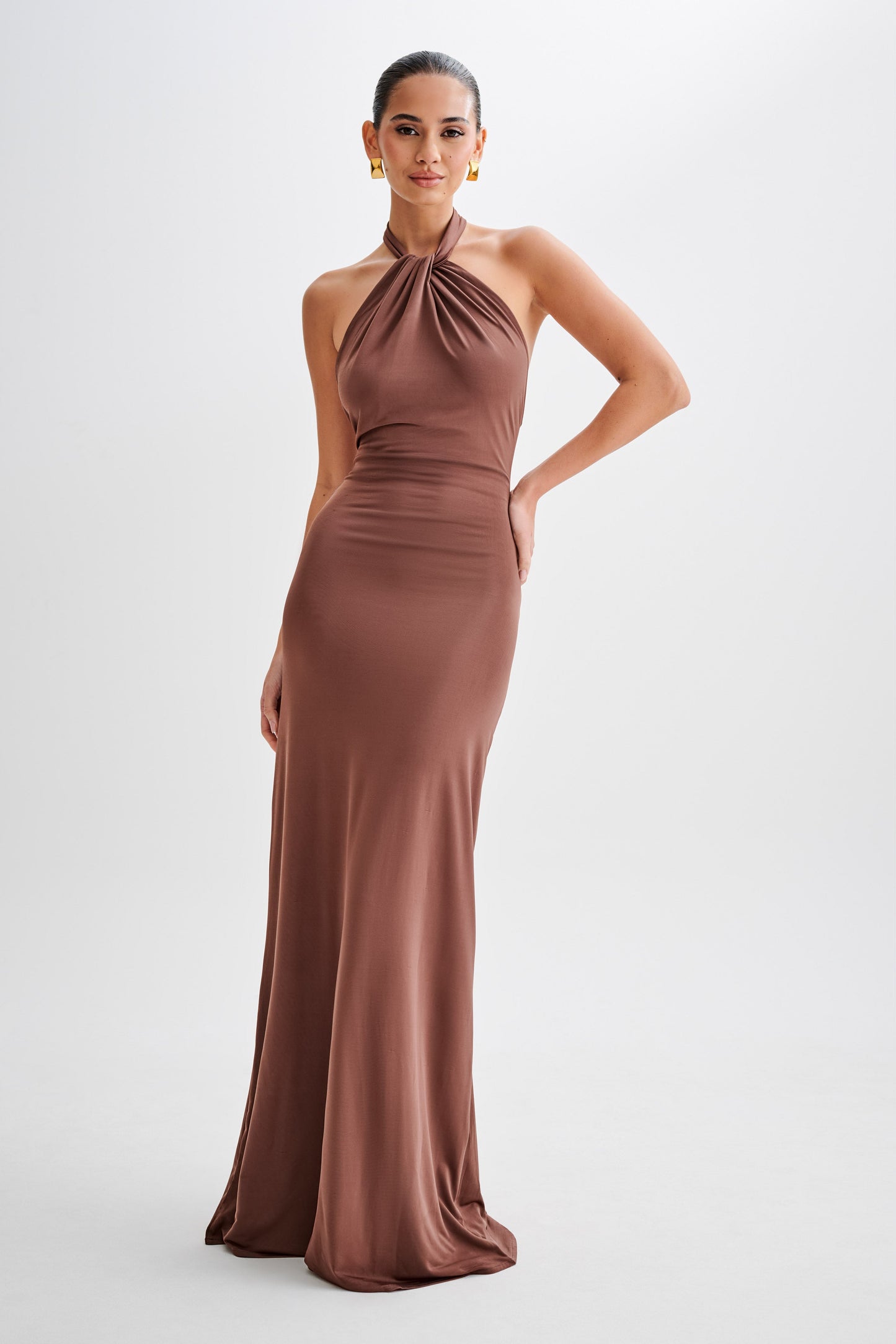 Elyna Slinky Halter Maxi Dress Chocolate 1