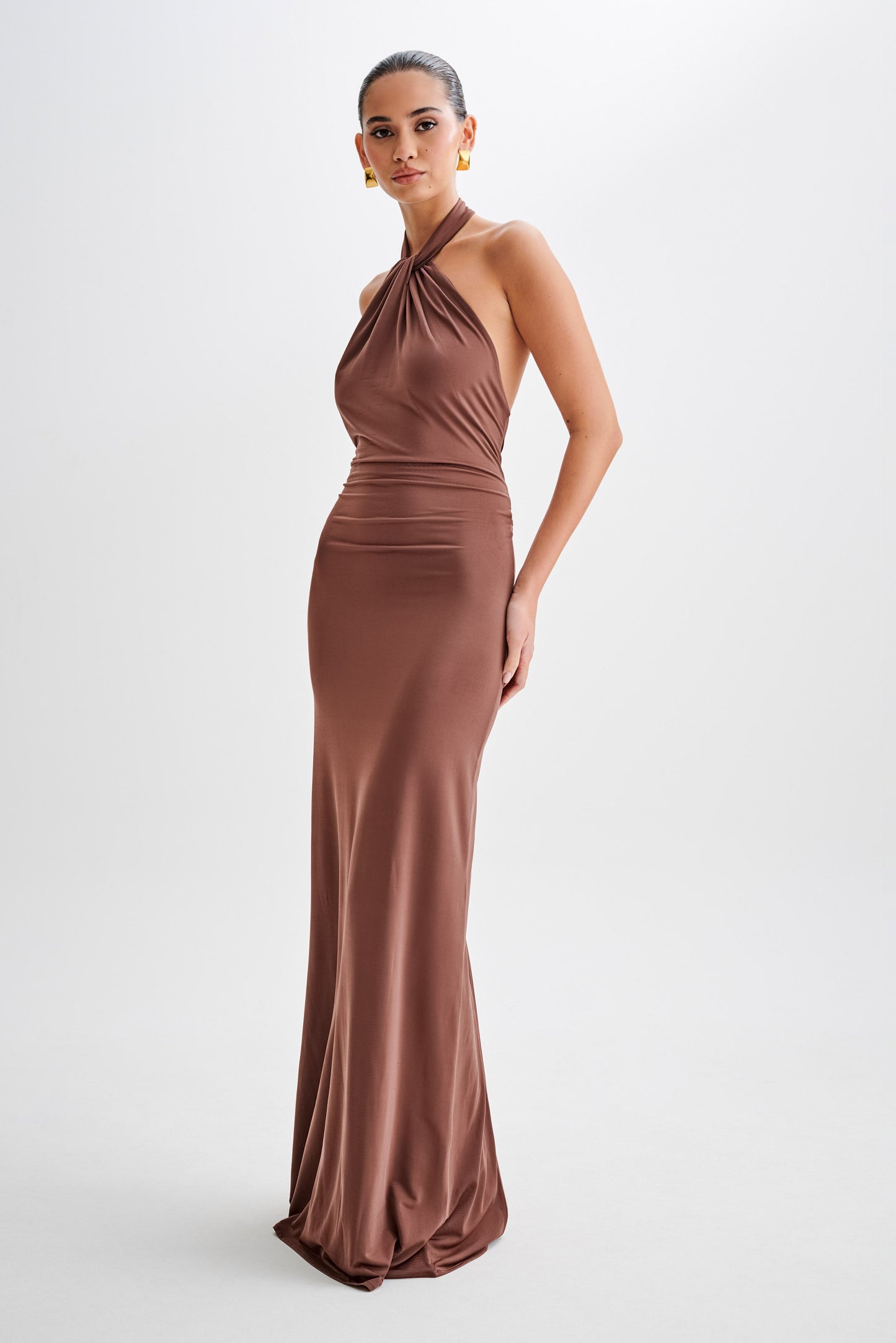 Elyna Slinky Halter Maxi Dress Chocolate 5