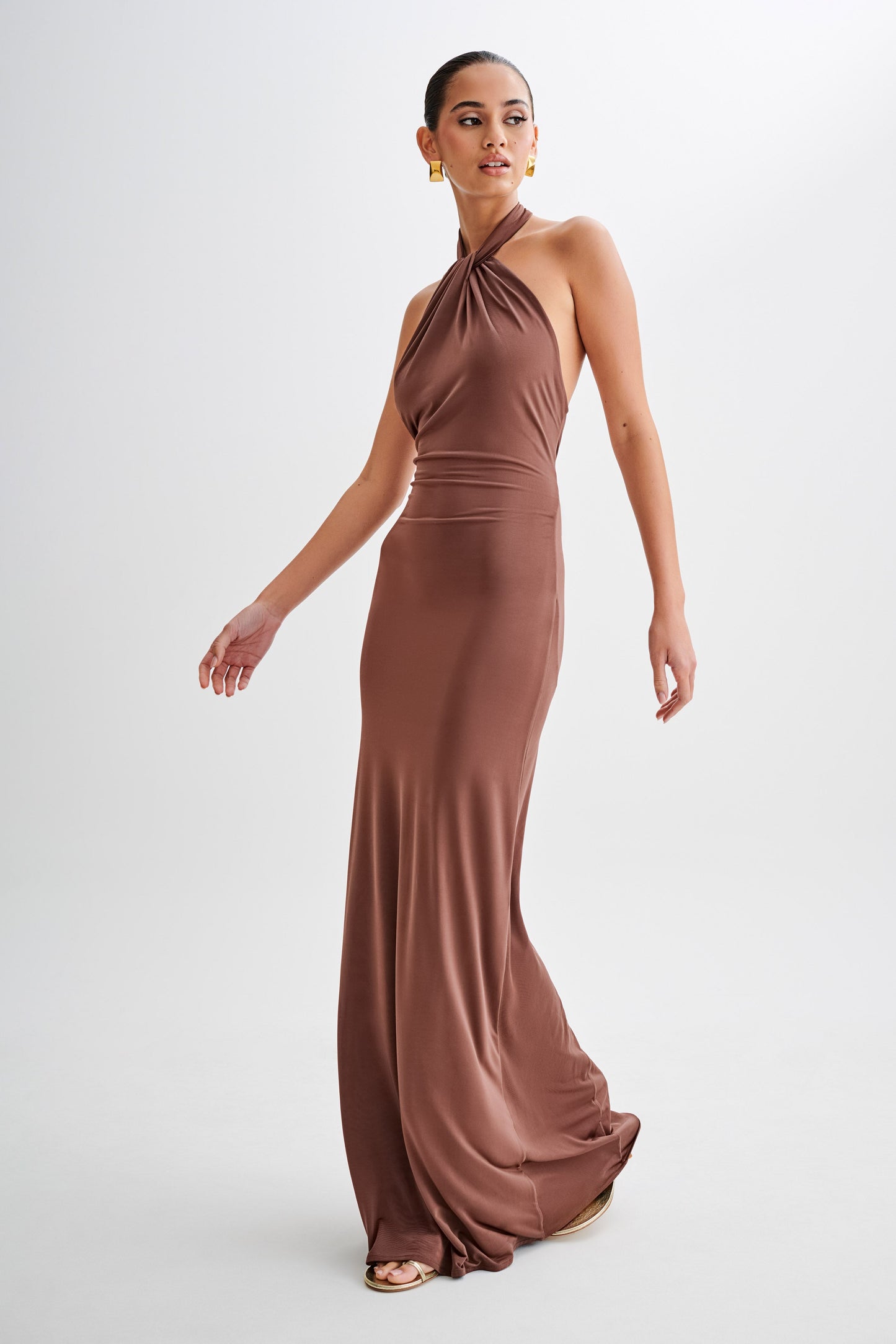 Elyna Slinky Halter Maxi Dress Chocolate 4