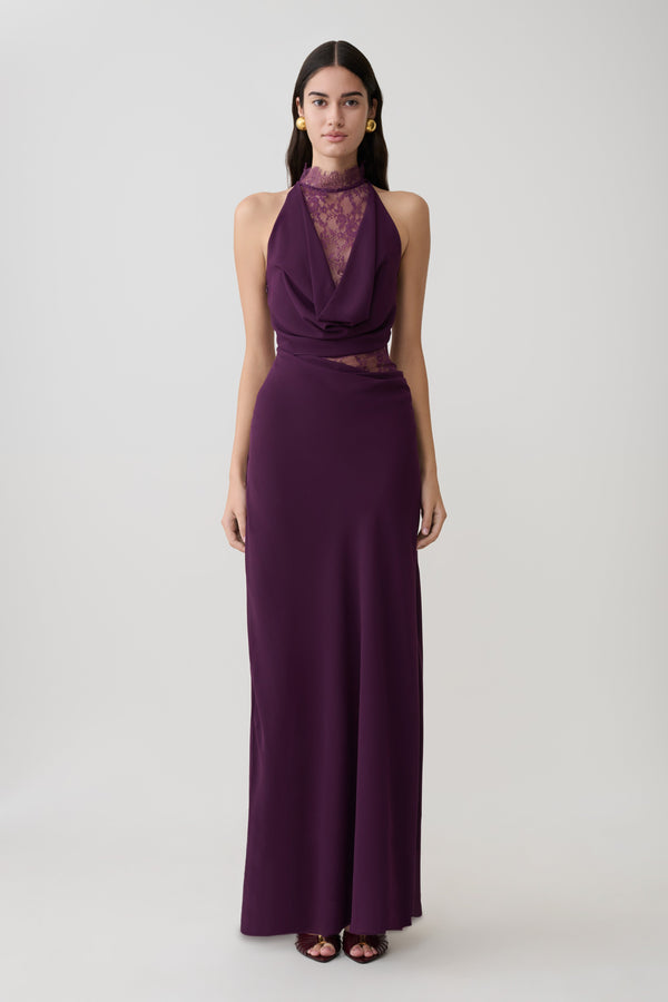 Arra Chiffon & Lace Halter Maxi Dress in Plum