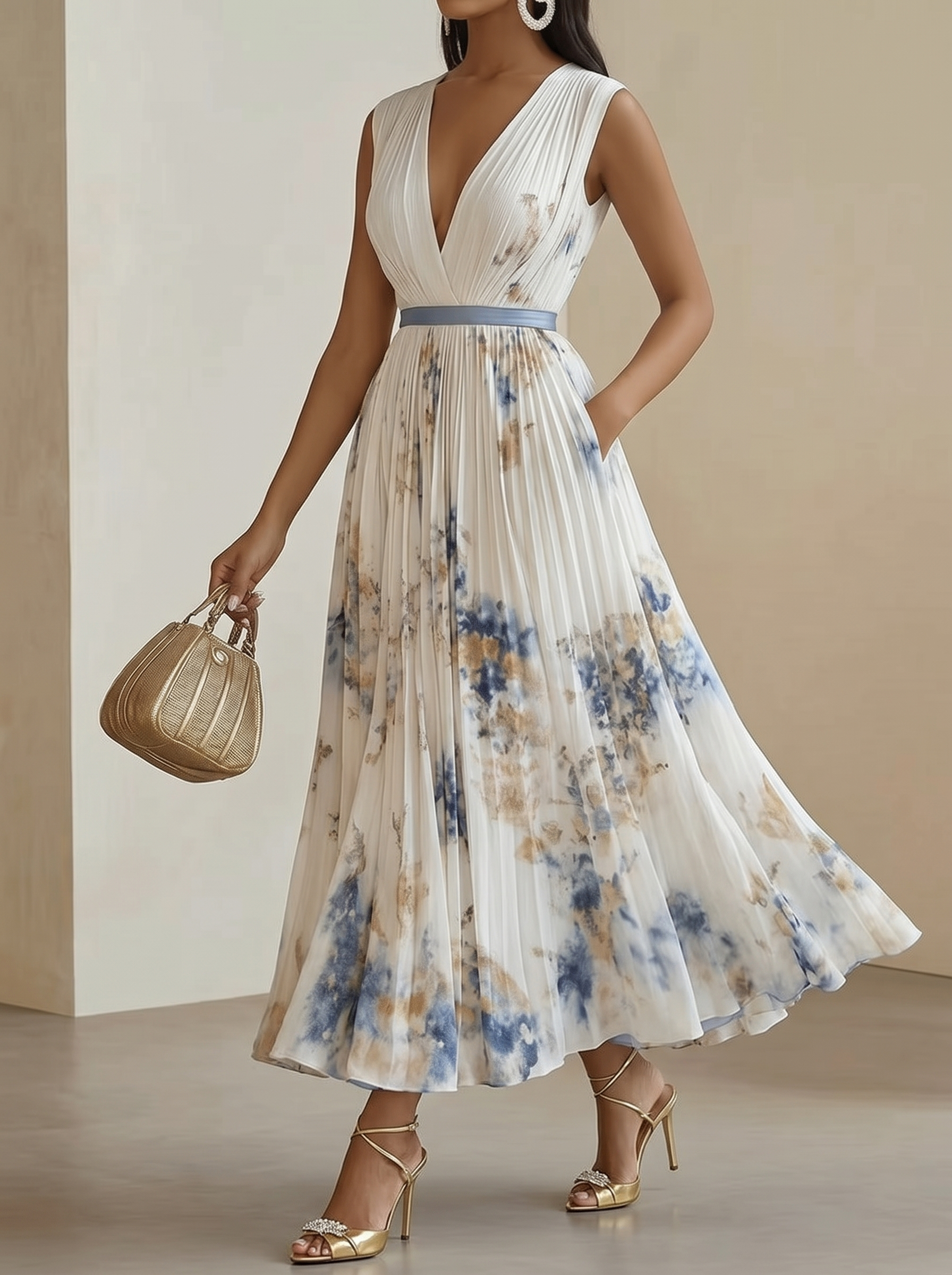 Margot Printed Pleated Dress Blue 2