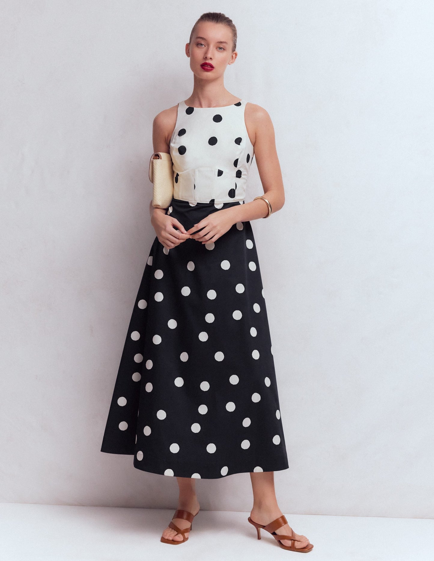 Silvia Boned Bodice Maxi Dress in Green Opulent Blossom French Navy Painted Spaced Dot 1