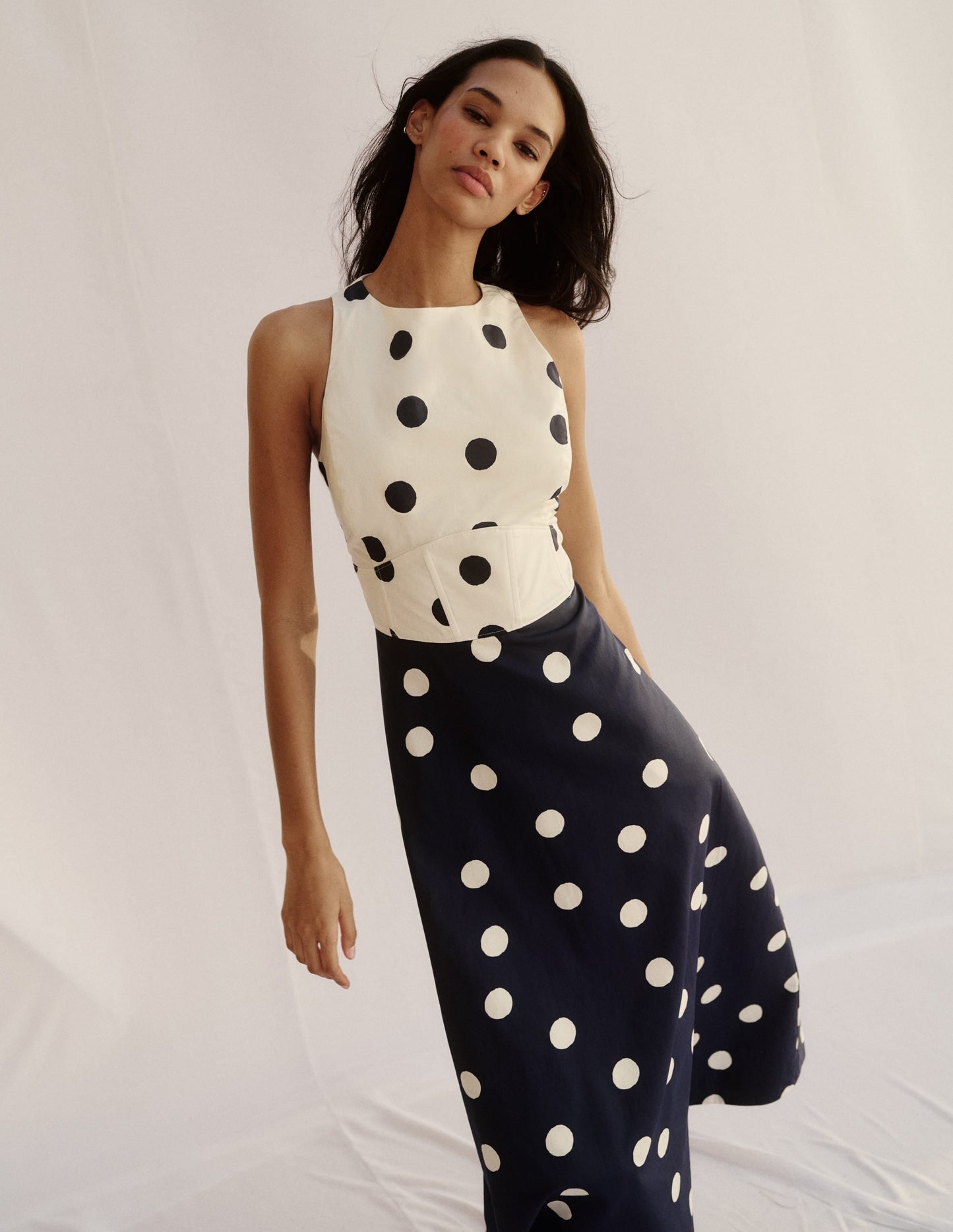 Silvia Boned Bodice Maxi Dress in Green Opulent Blossom French Navy Painted Spaced Dot 5