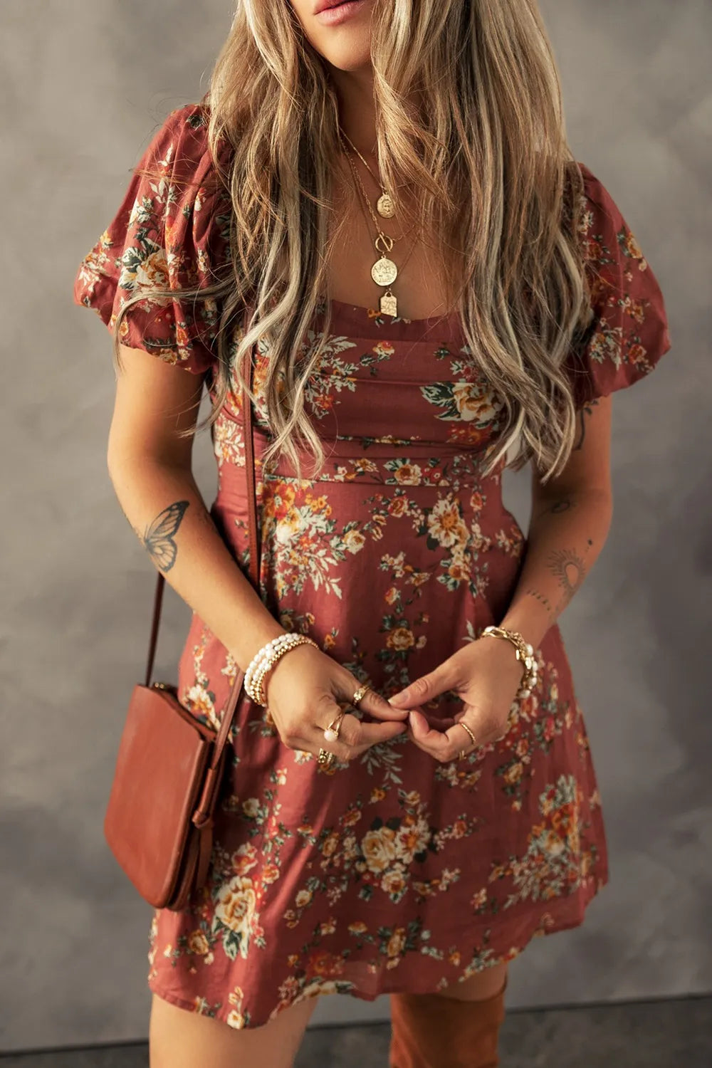 Arabella Floral Mini Dress Caramel 6