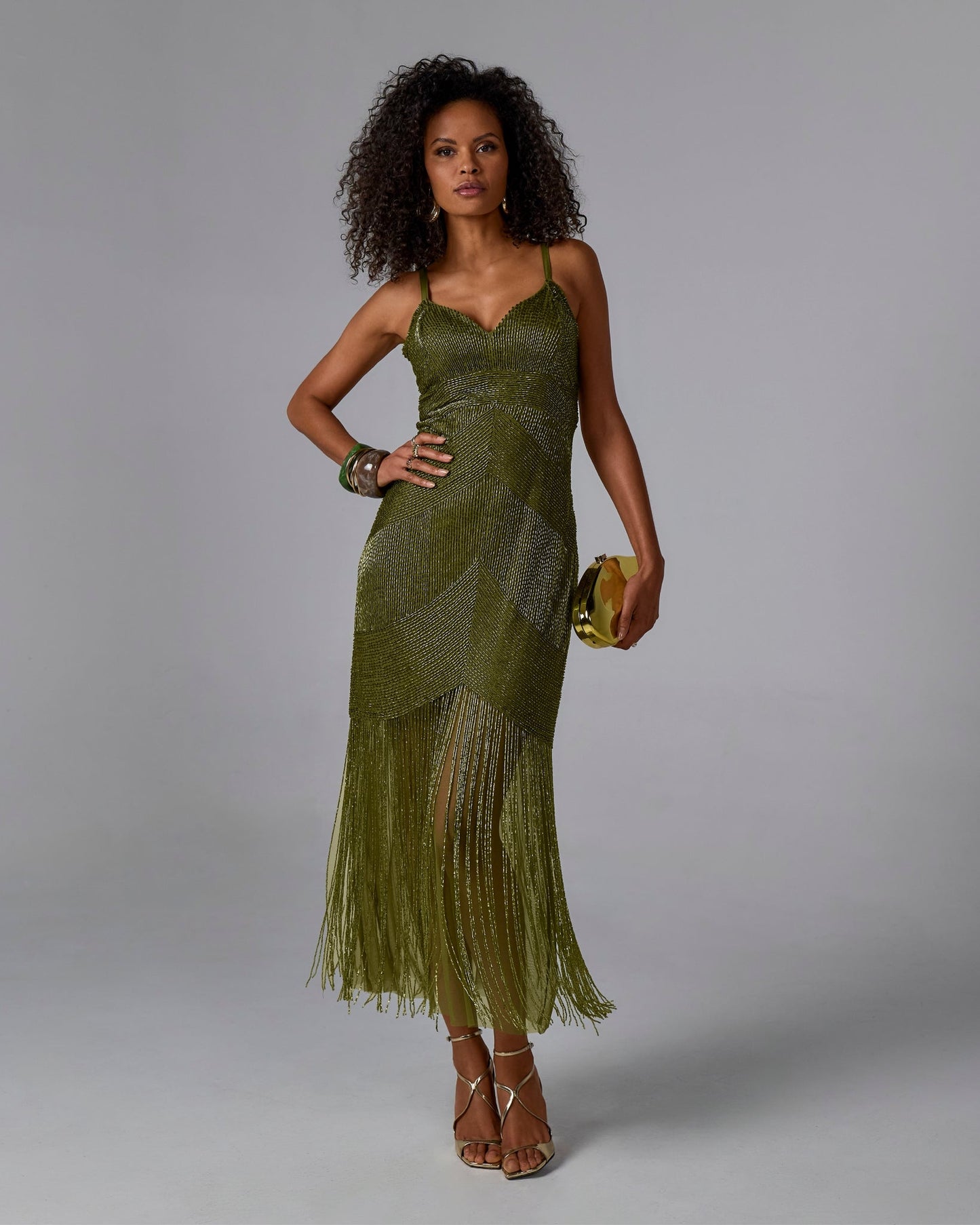 Margot Beaded Fringe Maxi Dress in Olive Olive 1