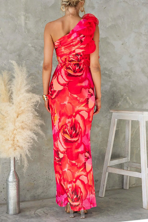 Margot Ruffle One-Shoulder Floral Maxi Dress Blue 2