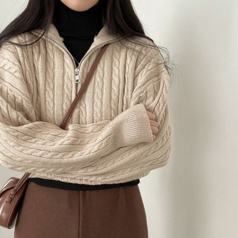 Fiona Half-Zip Cable Knit Cropped Sweater Khaki 2