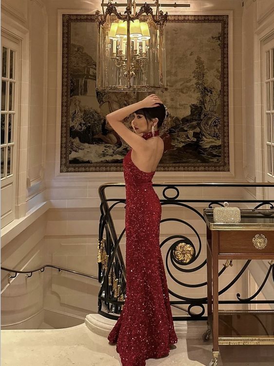 Ophelia Burgundy Sequin Halter Dress Burgundy 1