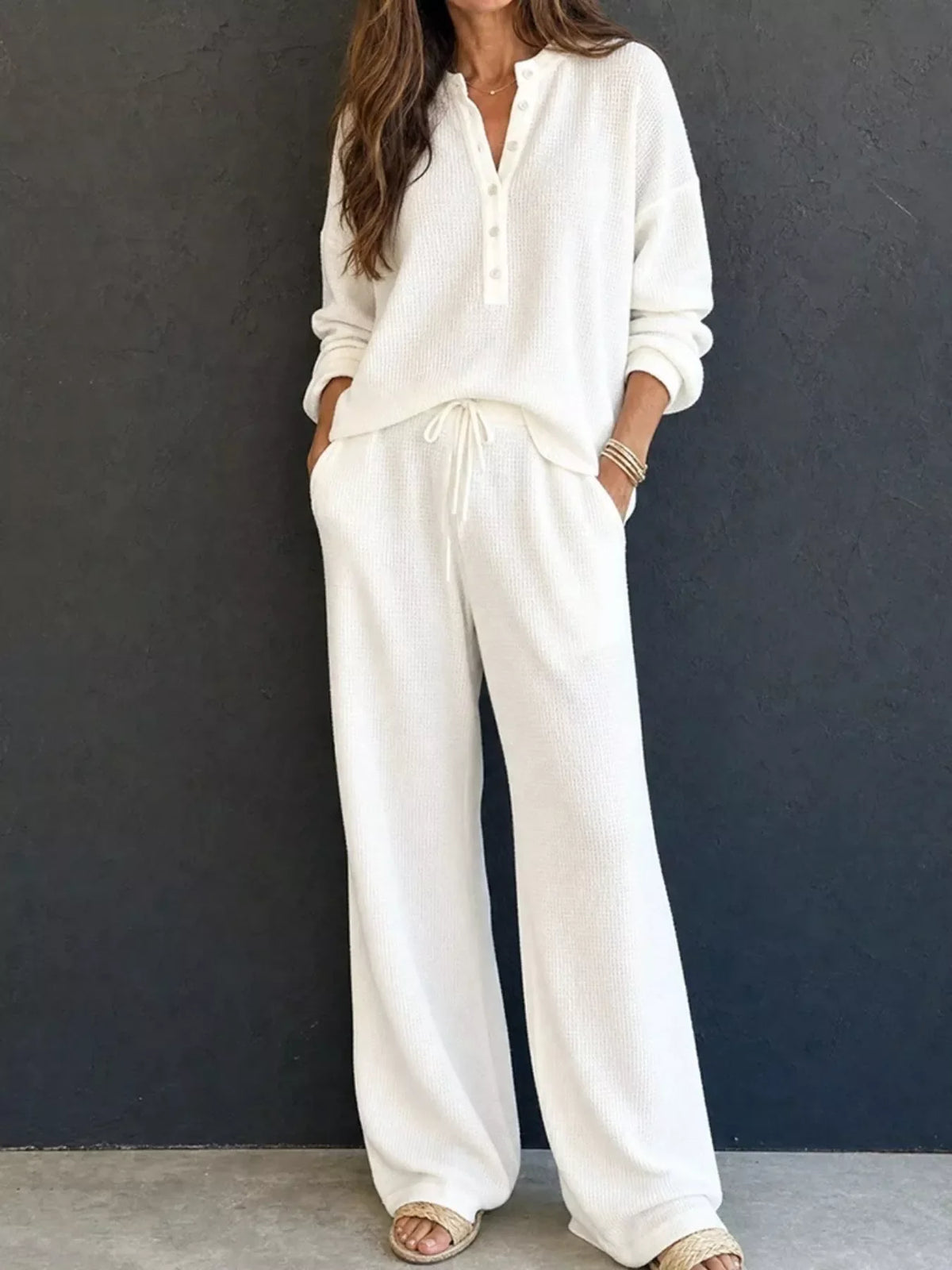 Margot Waffle Knit Henley Top & Wide Leg Pants Set Orange 1