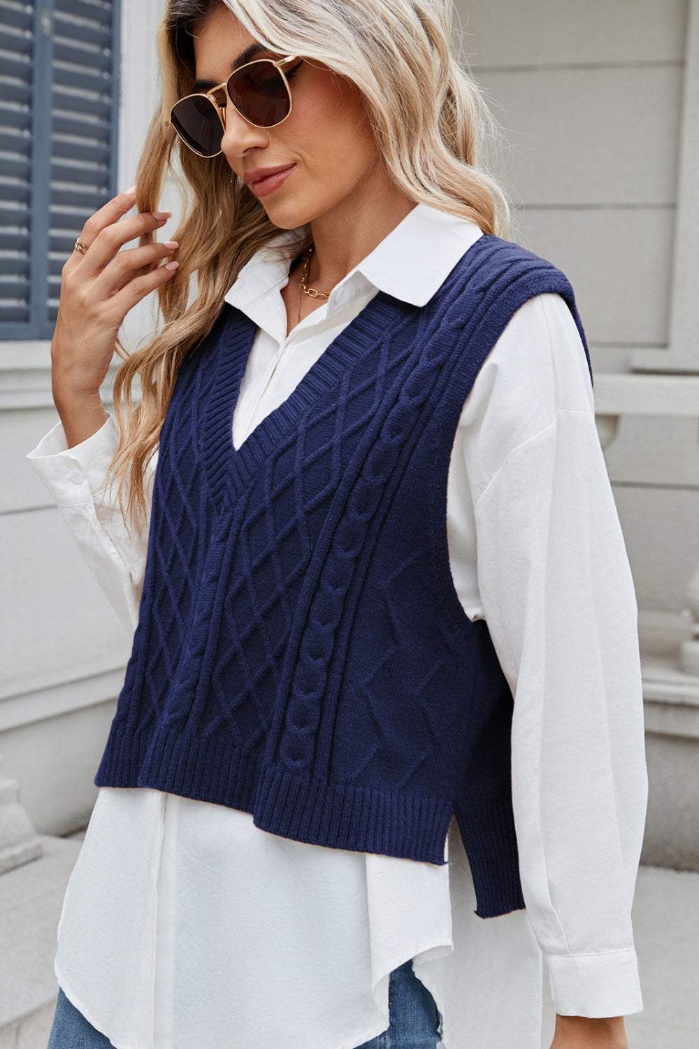 Margot Cable-Knit Sweater Vest Dark Navy 10