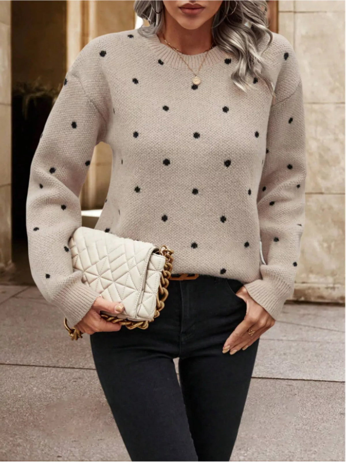 Violet Knit Sweater in Polka Dot Khaki 2