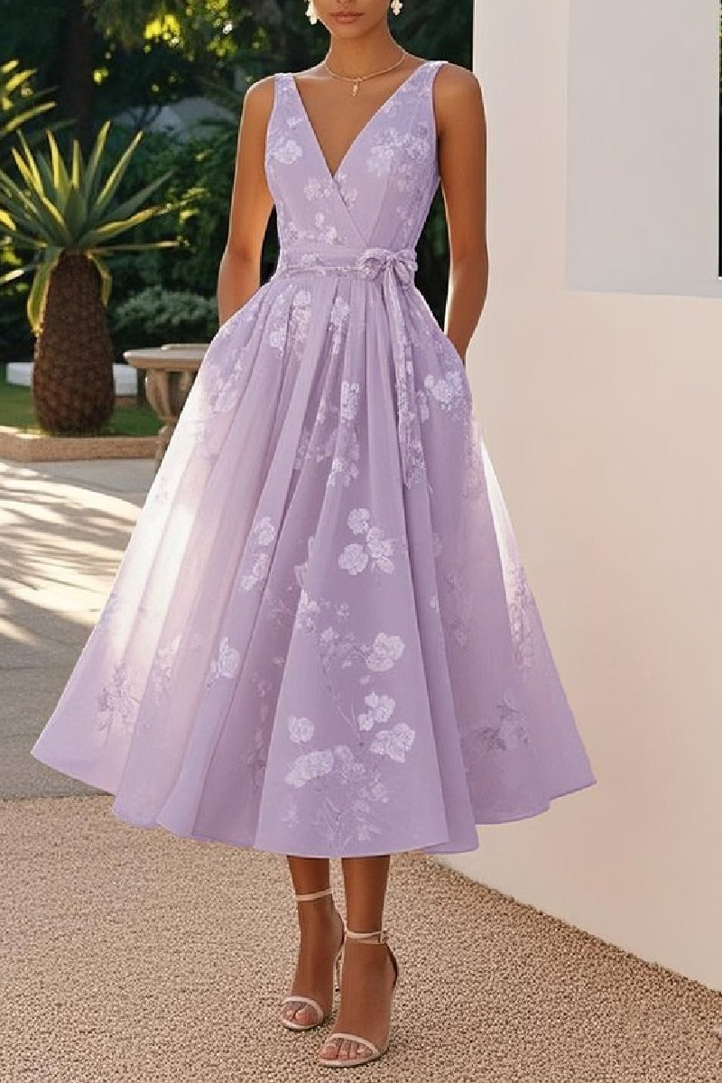 Margot A-Line Lace Tea Length Dress Sky Blue 7