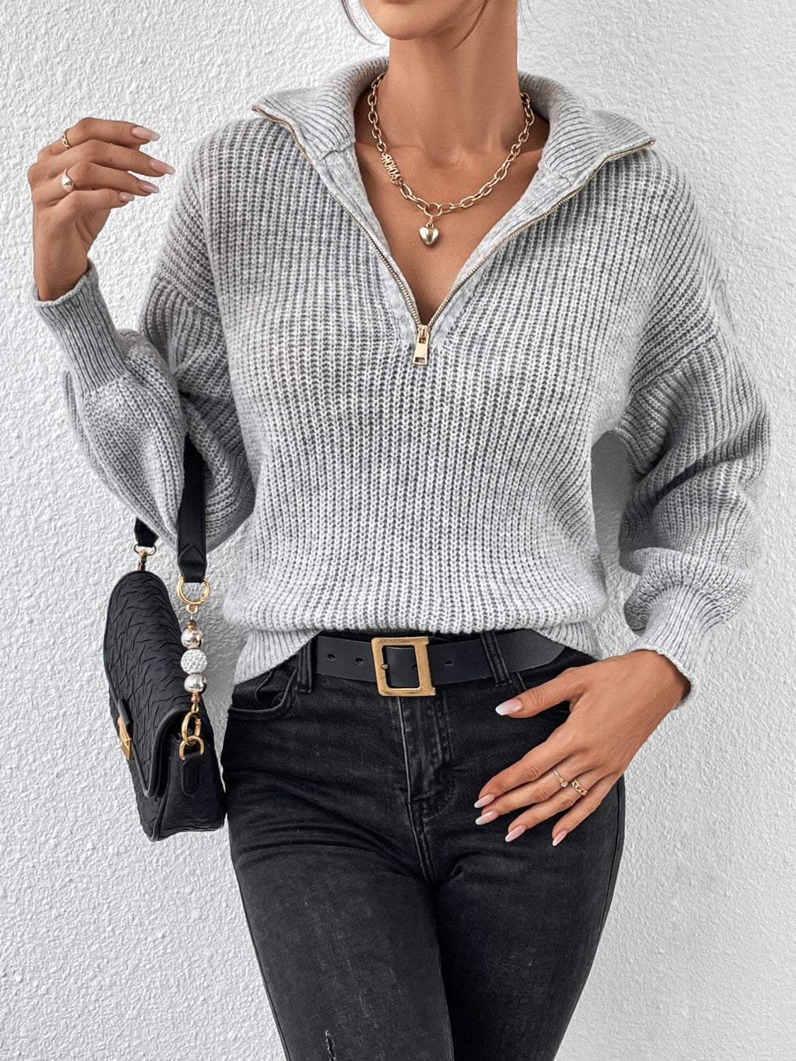 Honey Half-Zip Dropped Shoulder Sweater Gray 1