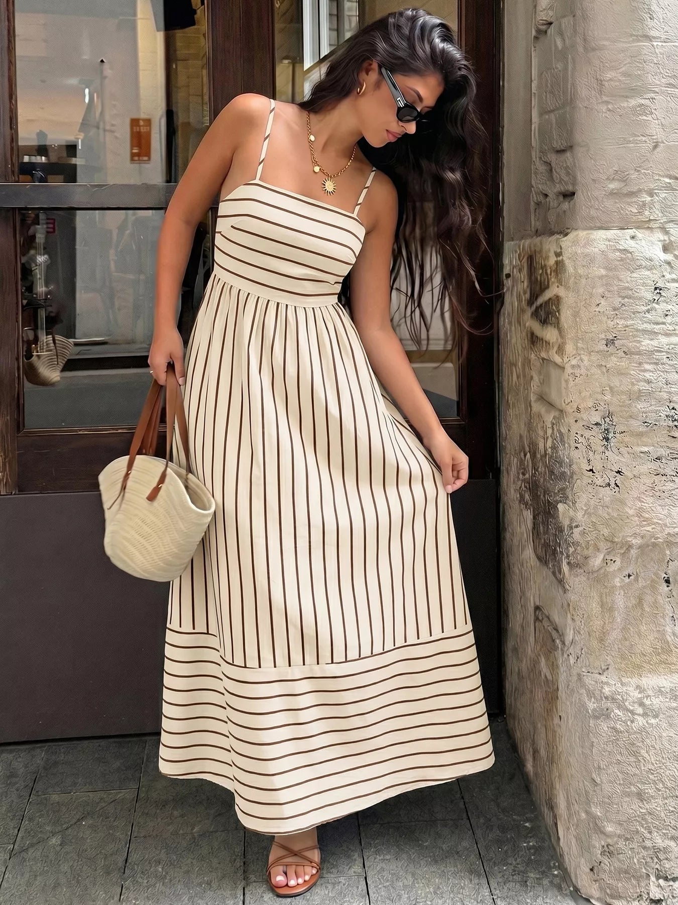Celeste Striped Linen Maxi Dress Apricot 4