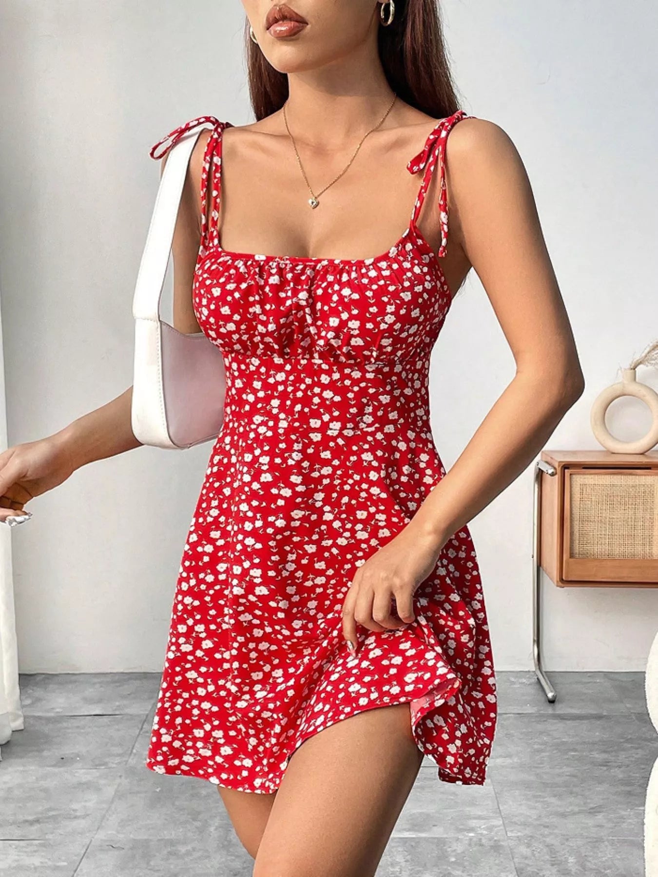 Margot Floral Tie-Strap Mini Dress Red 5