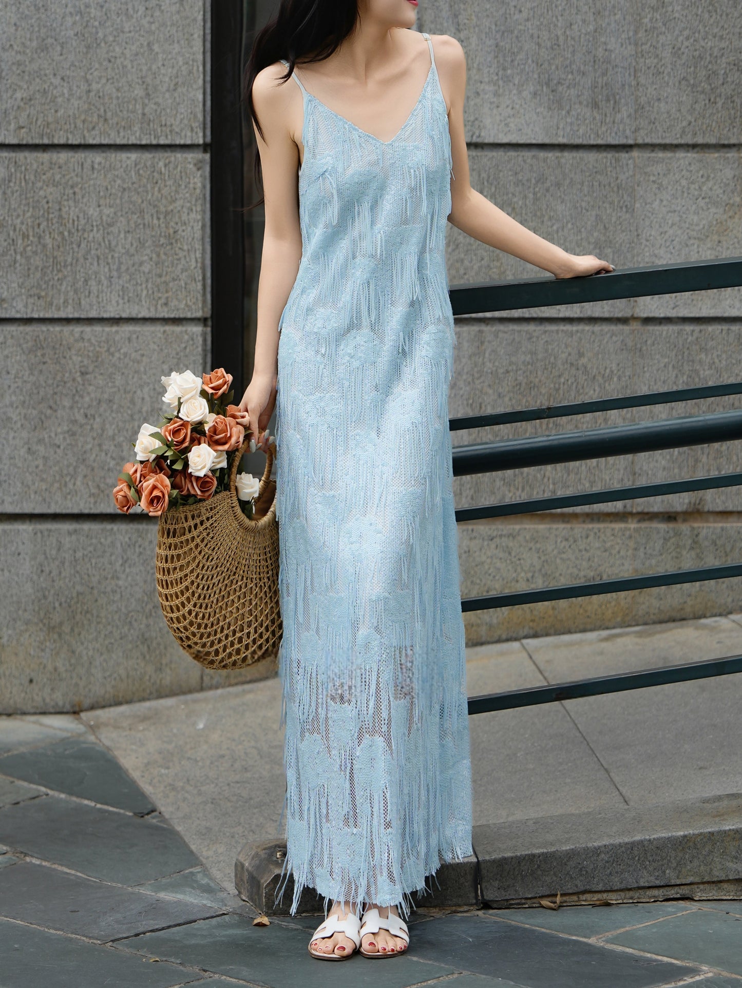 Celeste French Fringe Slip Maxi Dress Elegant Tassel Textured Camisole Dress 3