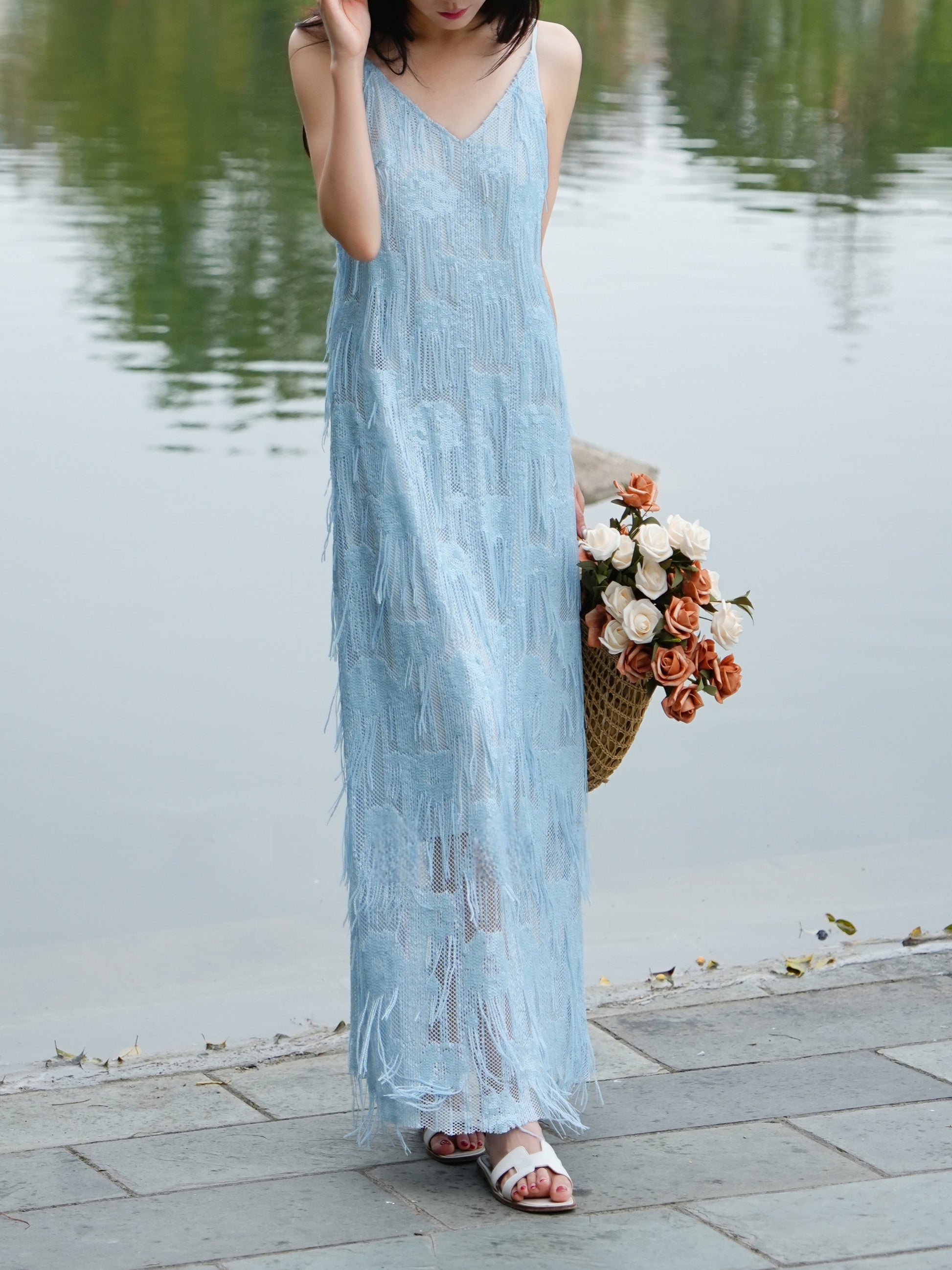 Celeste French Fringe Slip Maxi Dress Elegant Tassel Textured Camisole Dress 2