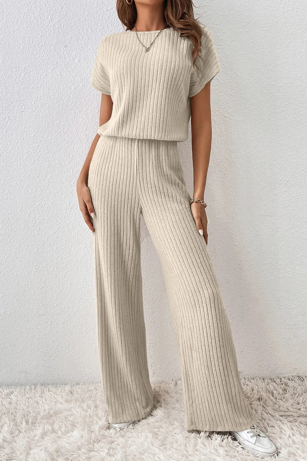 Margot Ribbed Knit Jumpsuit Beige 1