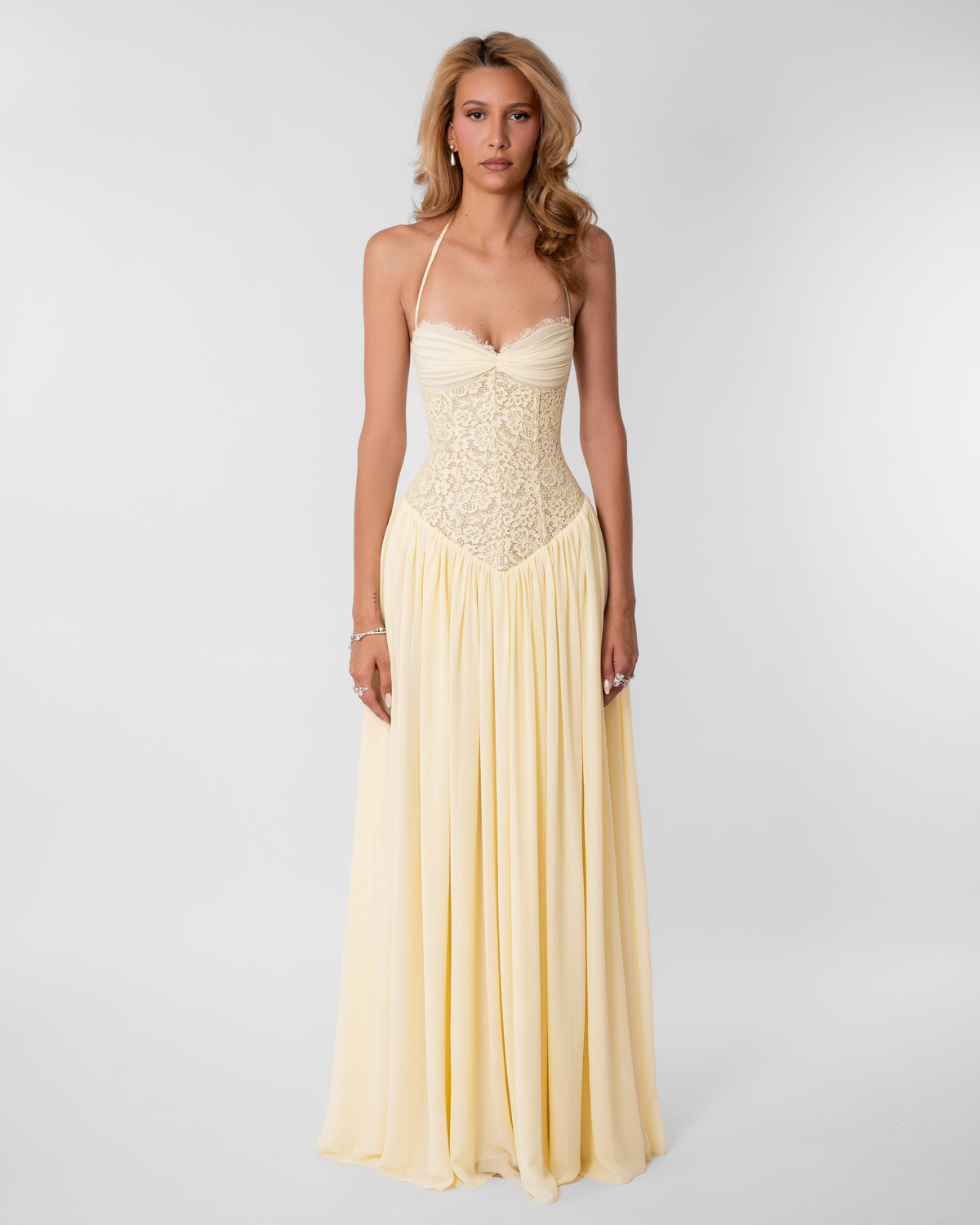 Faye Corset Lace Maxi Dress Buttercream Yellow 1