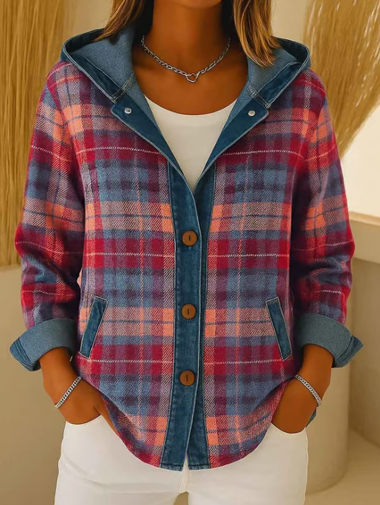 Briella Contrast Check Denim Jacket Red 2