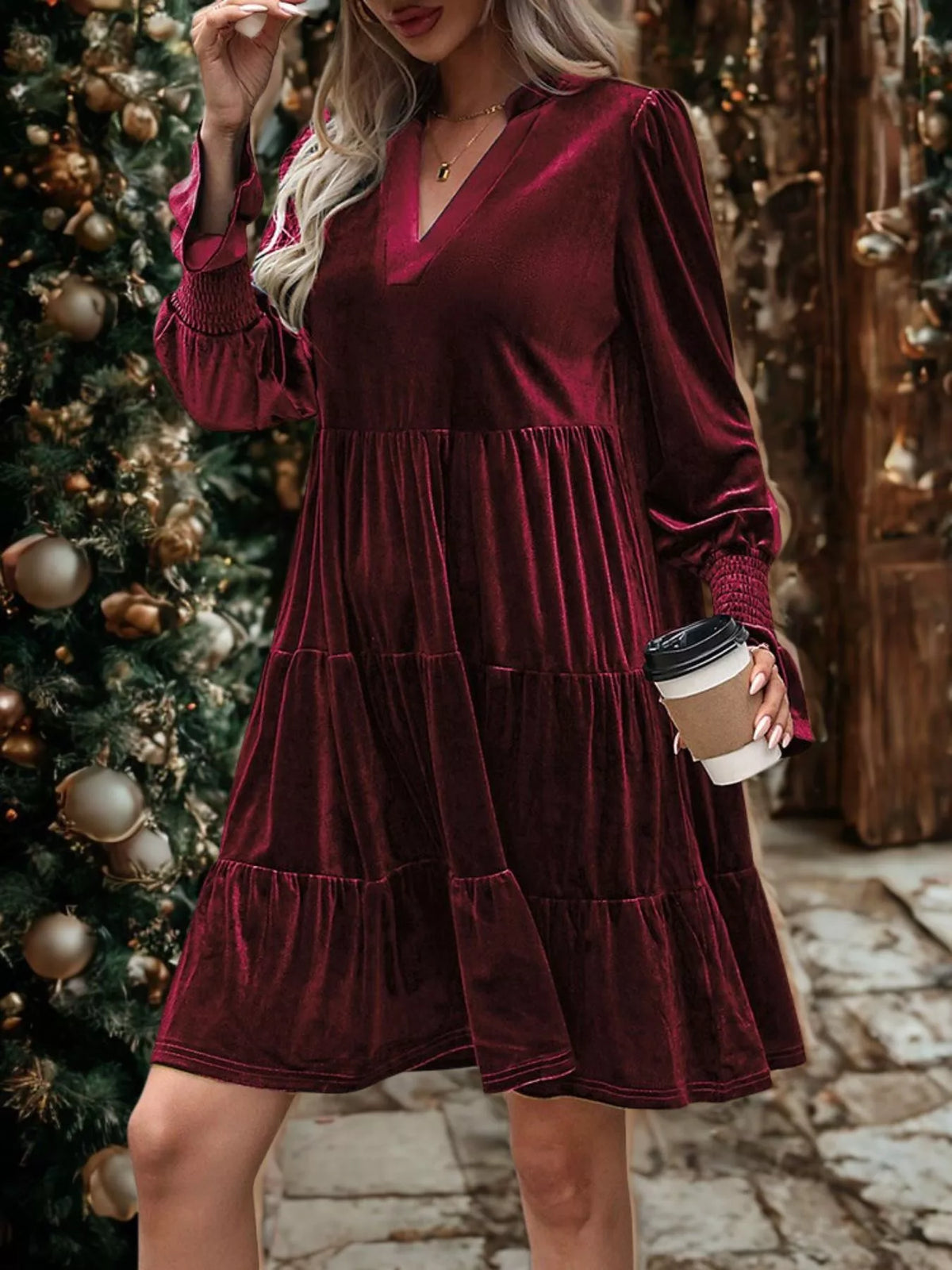 Margot Velvet Tiered Mini Dress Burgundy 7