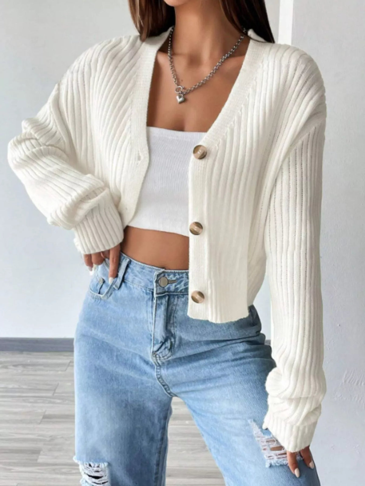 Margot Ribbed Cropped Cardigan Cream 2